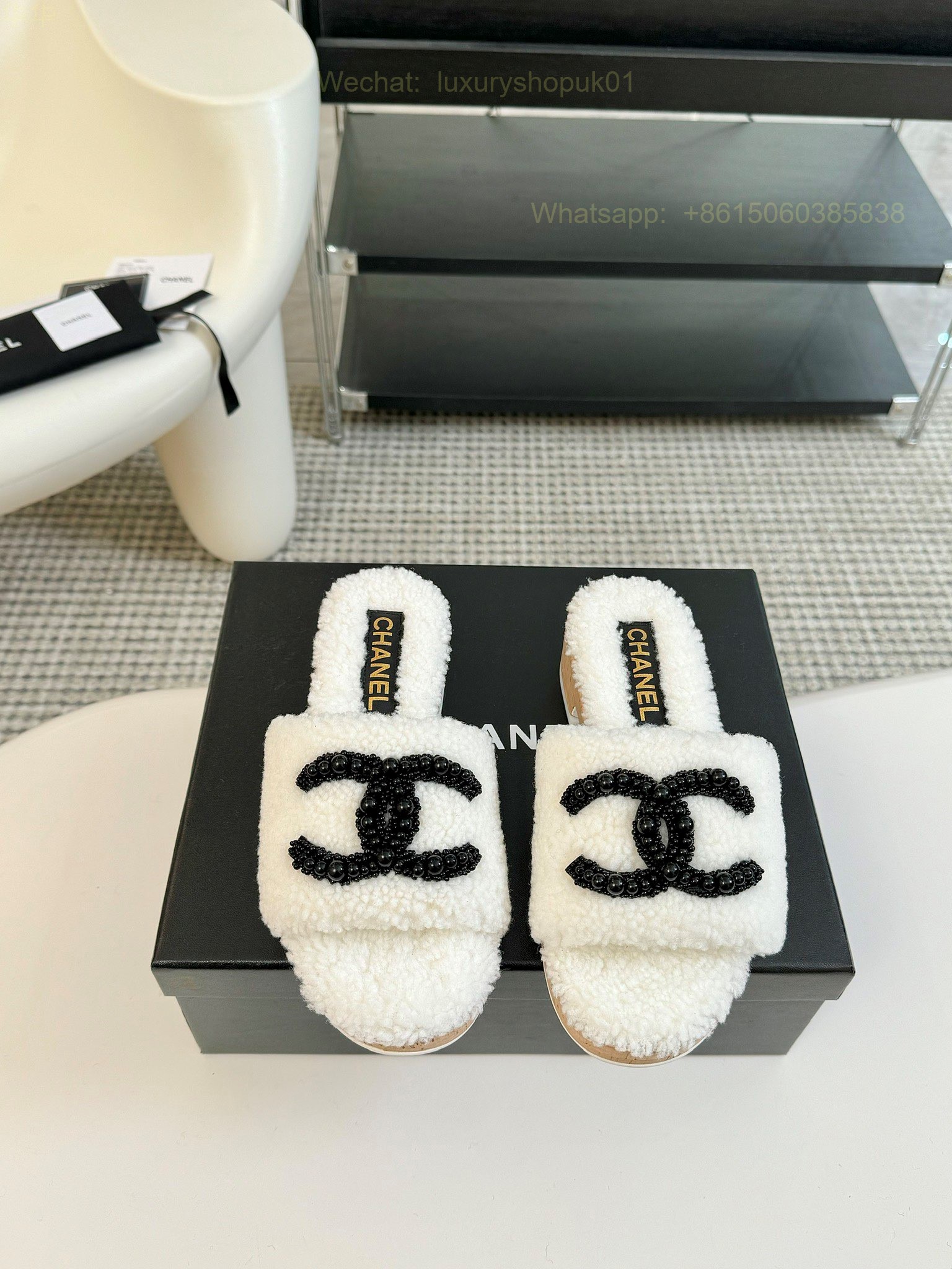 Chanel Women Faux Fur Shearling Slide Sandals Shoes