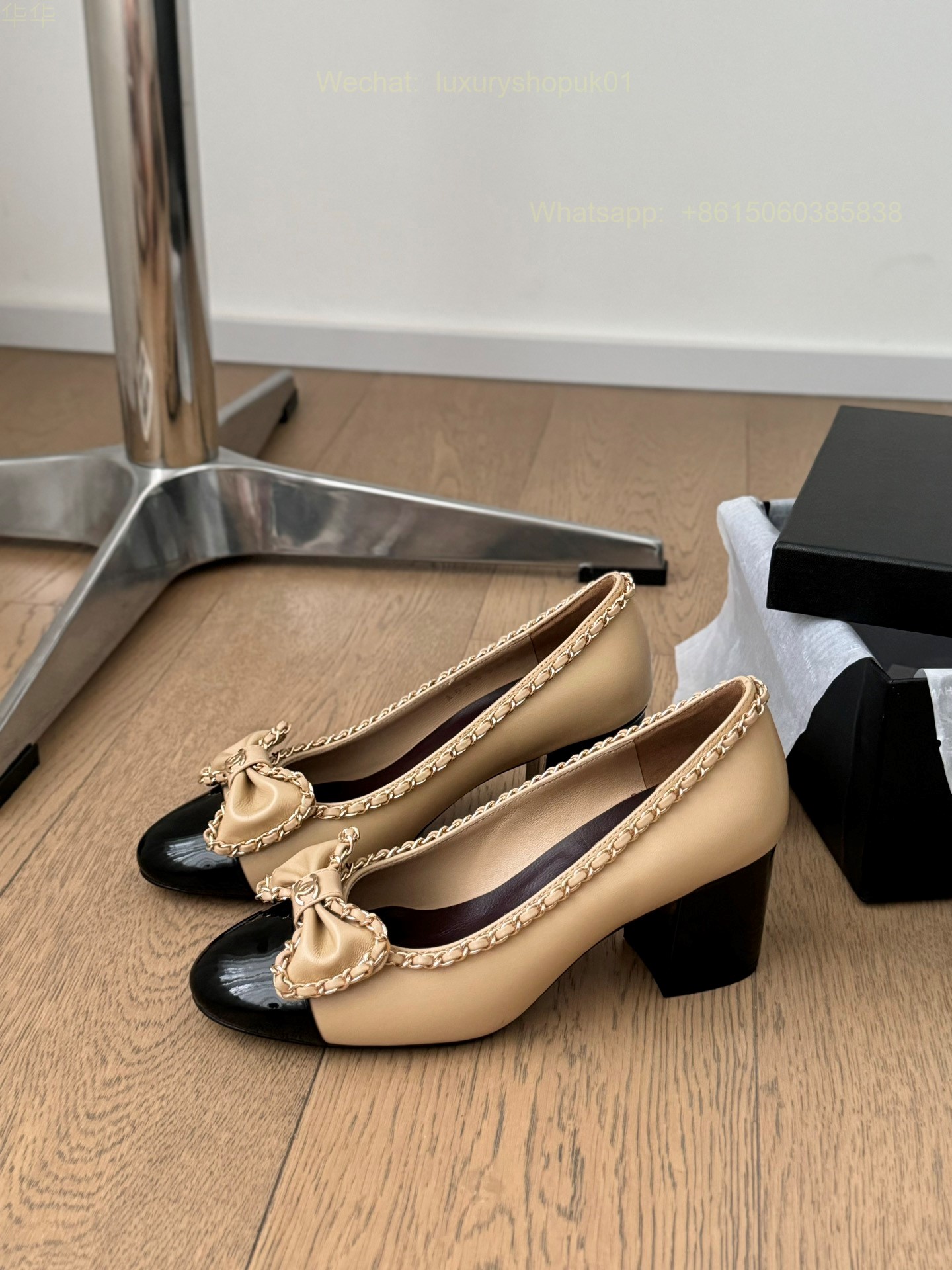 Chanel Bow Chain Heels Leather CC Block Heel Pumps Women Shoes