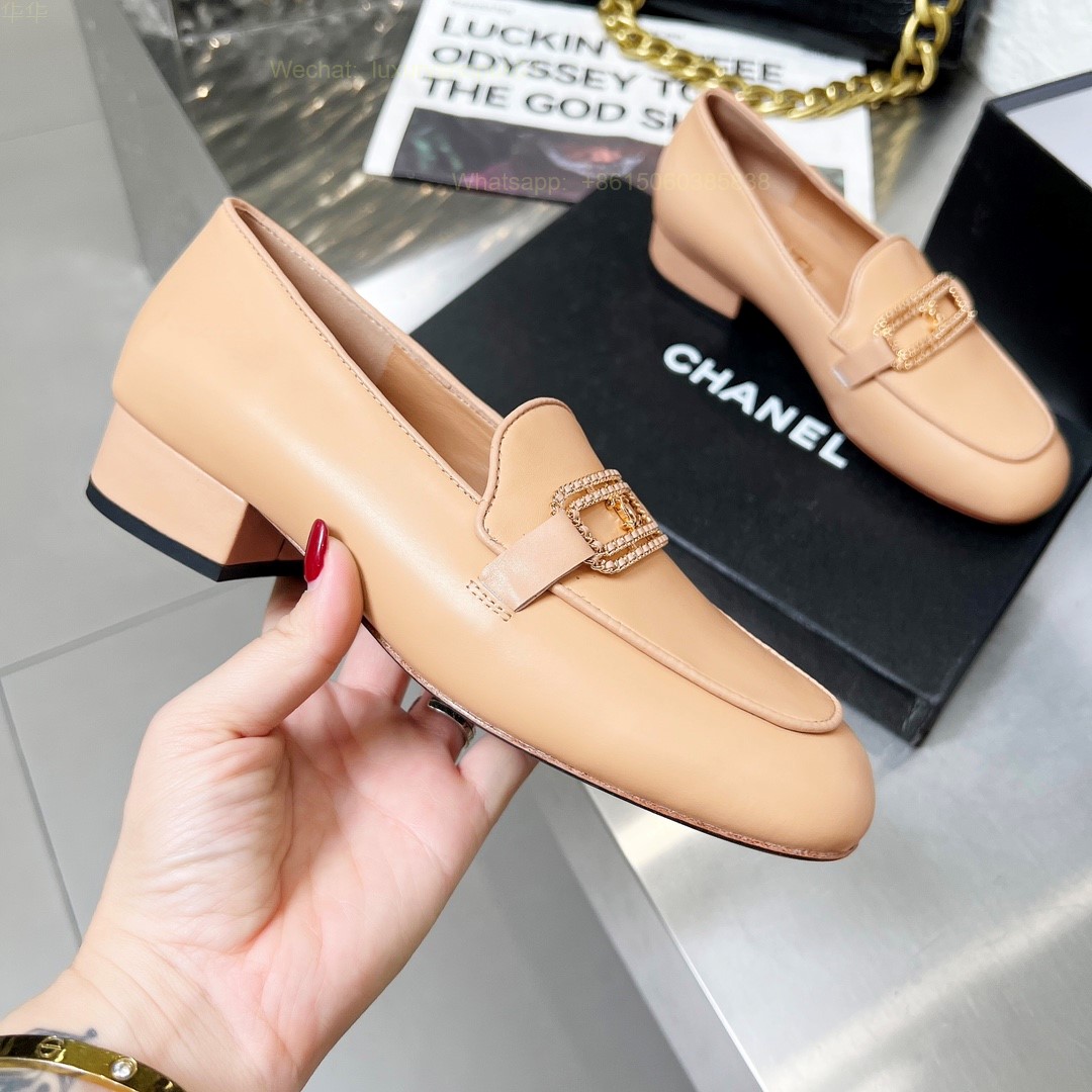 Women Chanel Leather Chain Loafers CC Logo Flats Shoes
