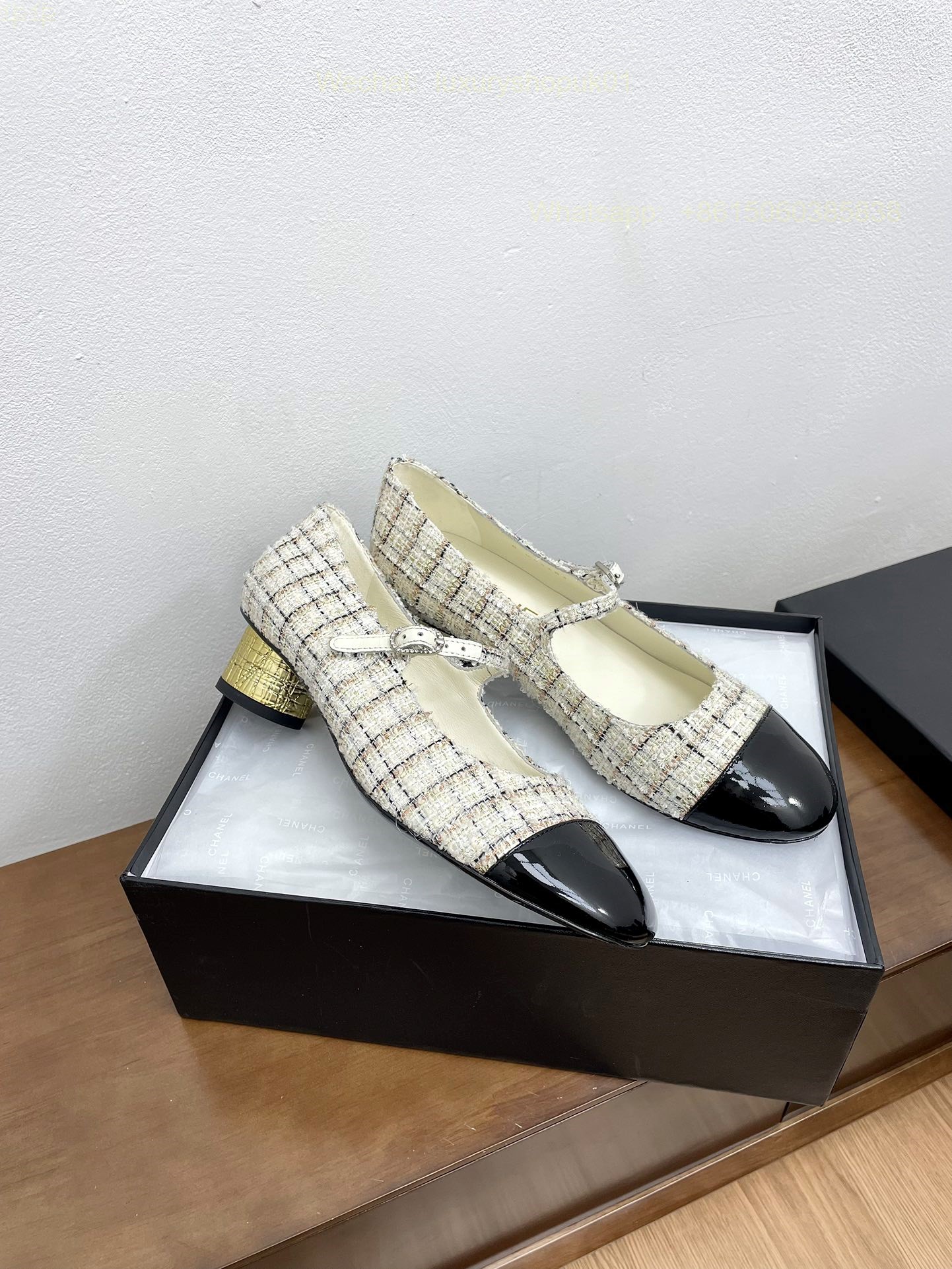 Chanel Bow Two Tone Heels Leather CC Block Heel Pumps Women Shoes