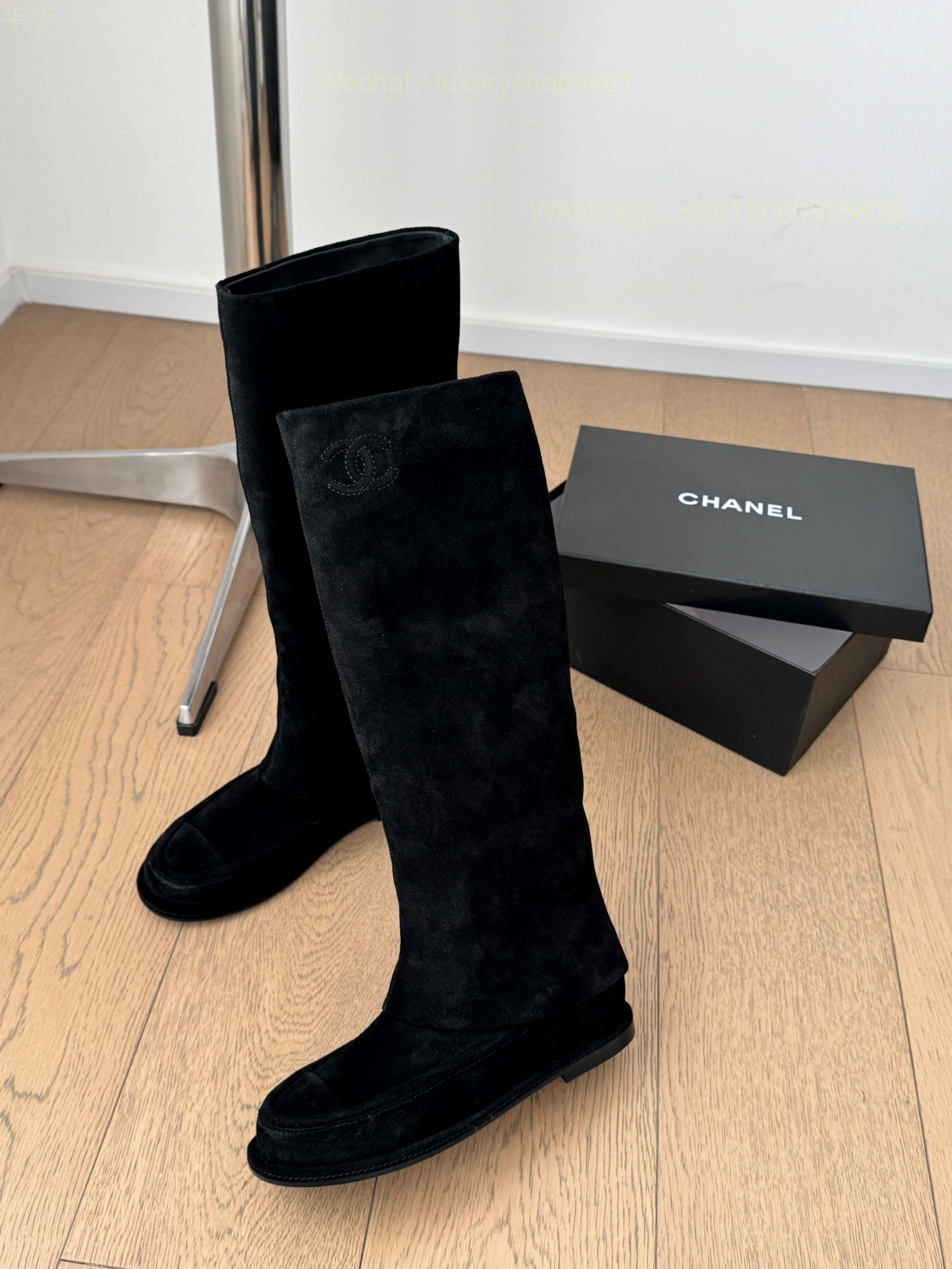 Chanel Suede Leather CC Logo Flat Boots Women Shoes