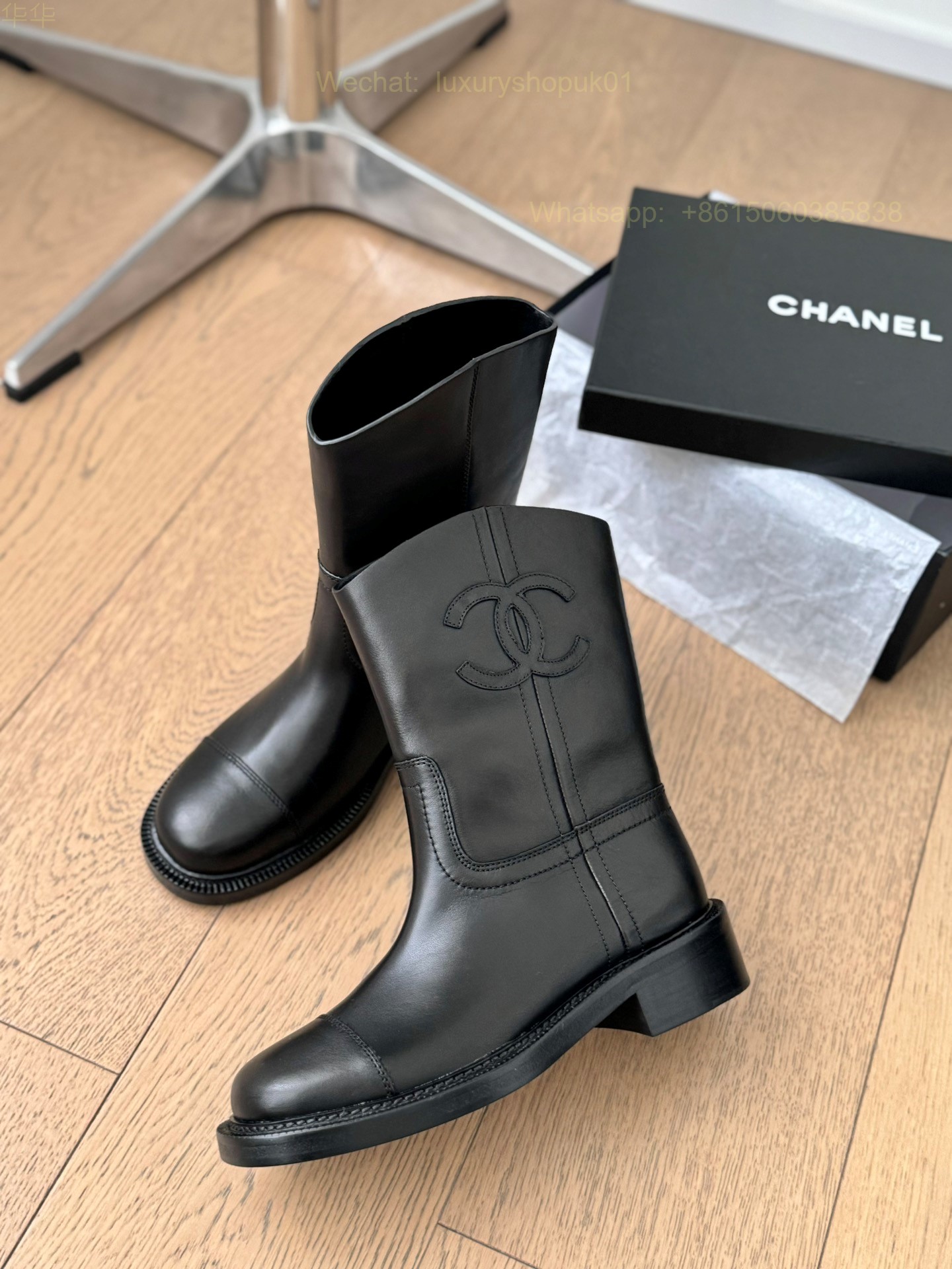 Chanel Black Leather Flat Boot CC Logo Women Shoes