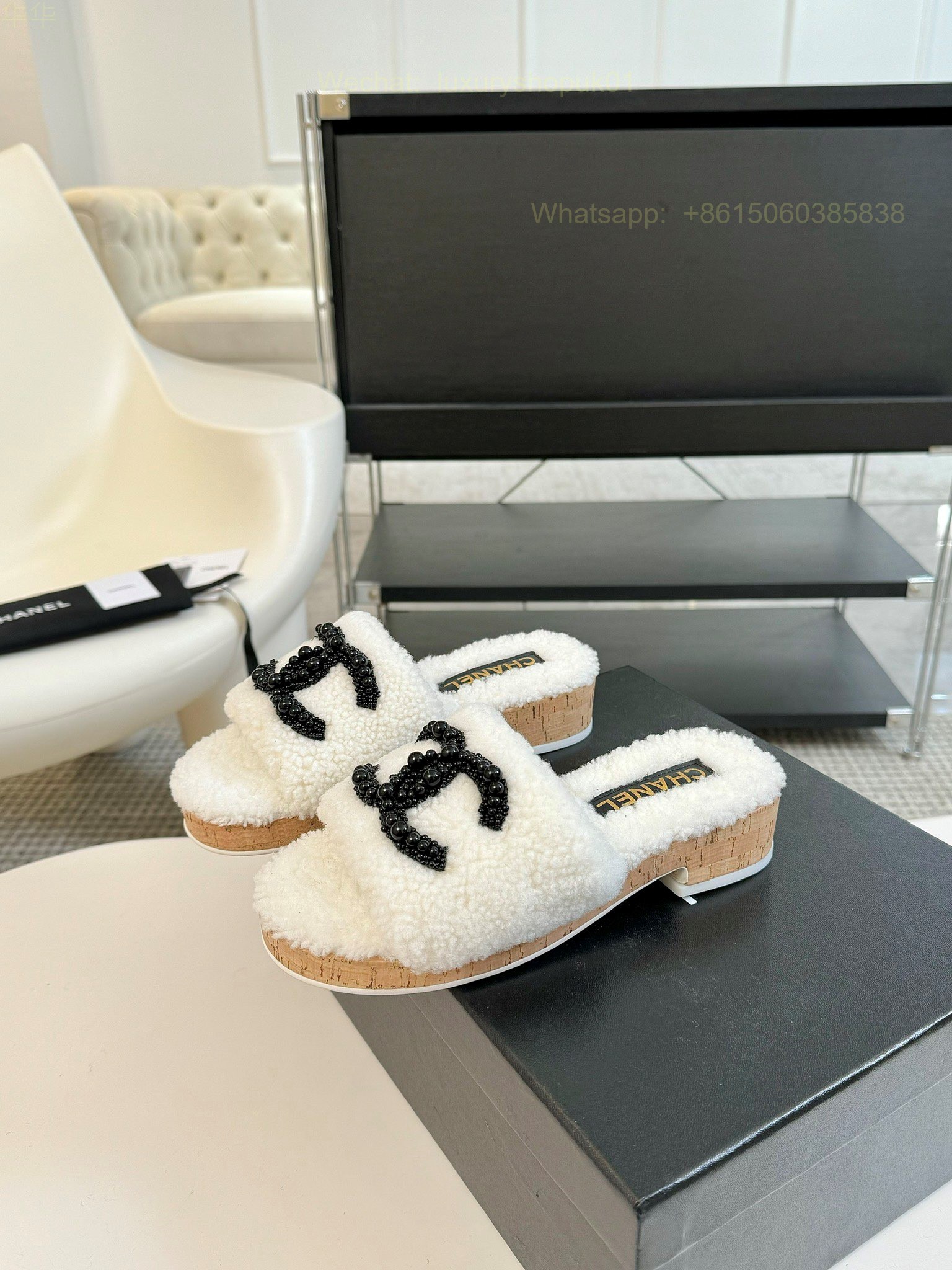 Chanel Women Faux Fur Shearling Slide Sandals Shoes