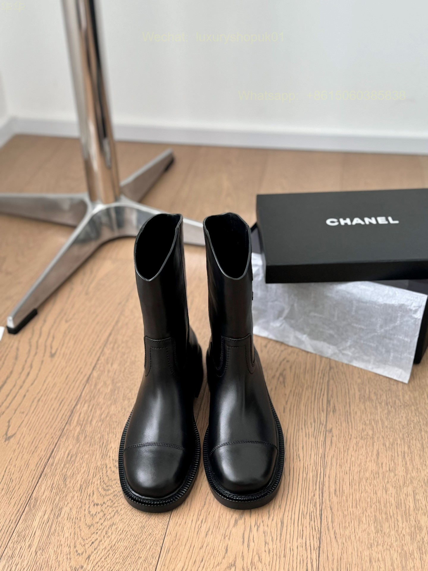 Chanel Black Leather Flat Boot CC Logo Women Shoes