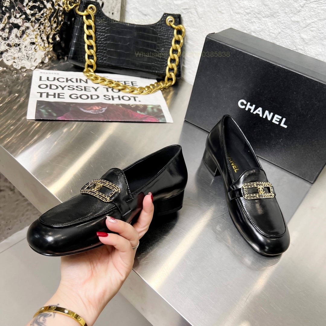 Women Chanel Leather Chain Loafers CC Logo Flats Shoes