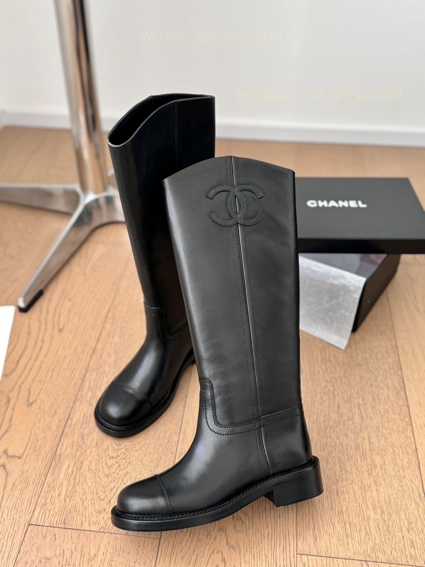 Chanel Leather Flat Knee high Boot CC Logo Women Shoes