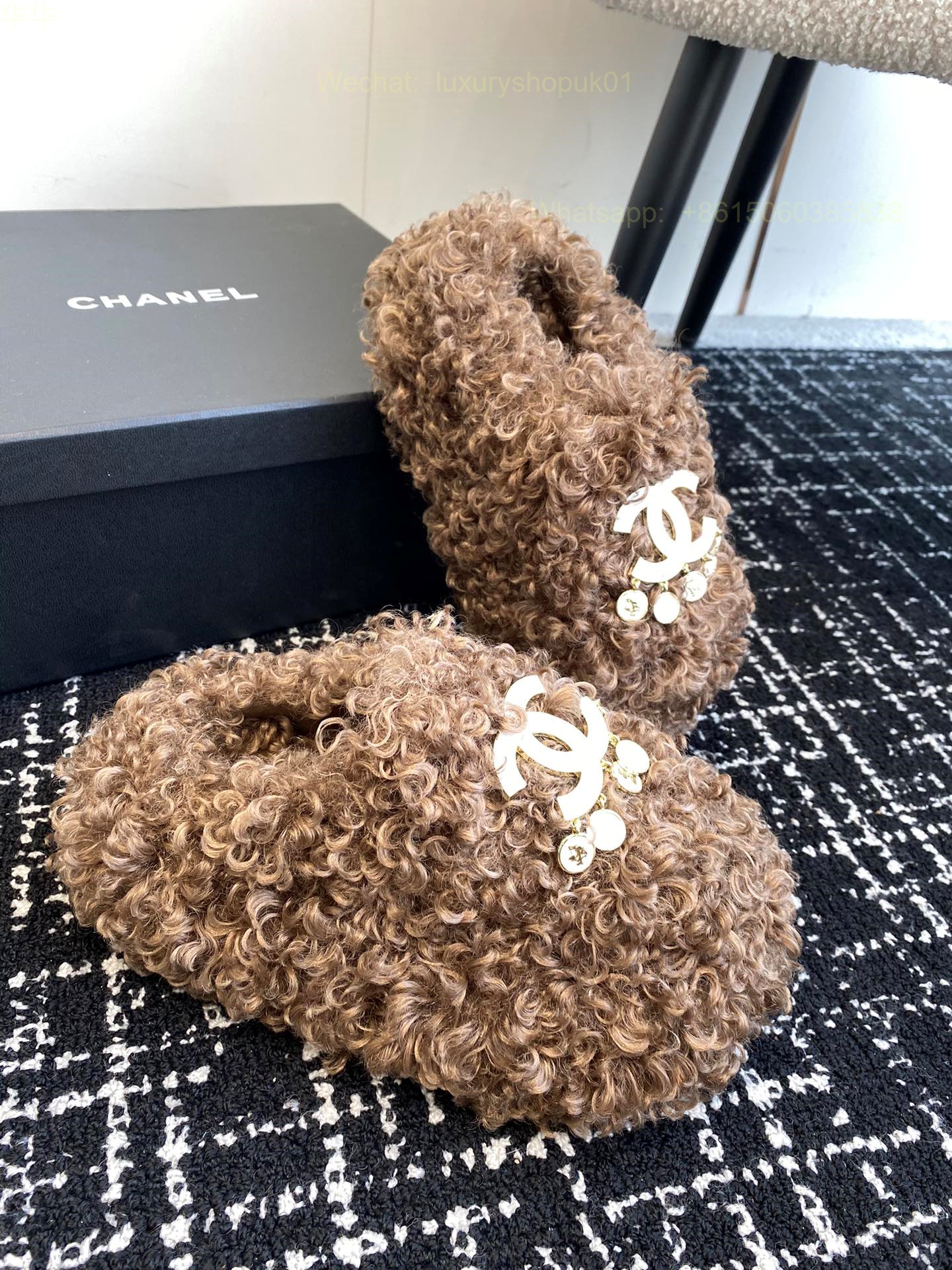 Chanel Slipper Sandal Slide Mule Fur Shearling CC Logo Women Shoes