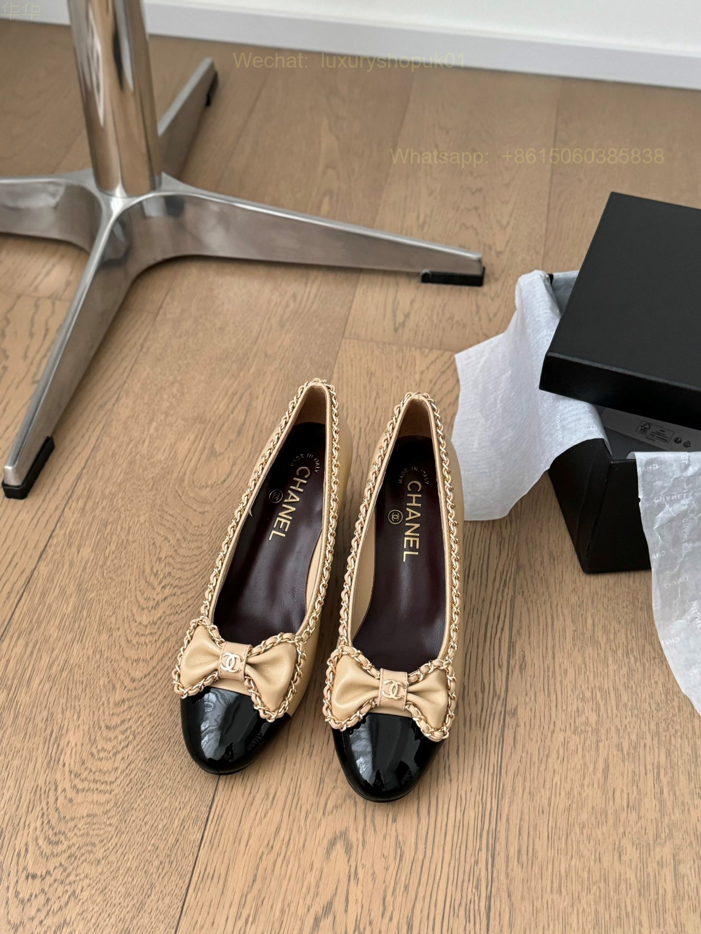 Chanel Bow Chain Heels Leather CC Block Heel Pumps Women Shoes