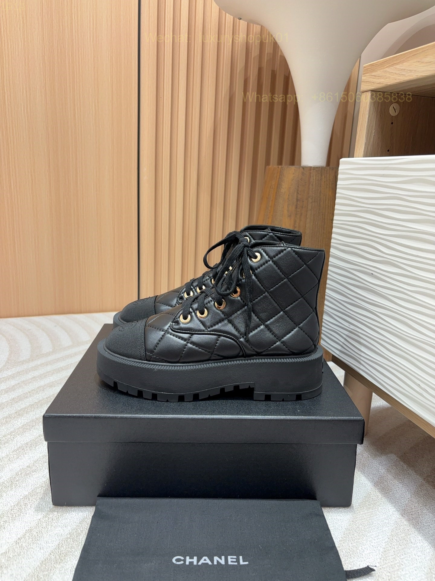 Chanel Quilted Leather CC Cap Toe Platform Combat Boots Women Shoes