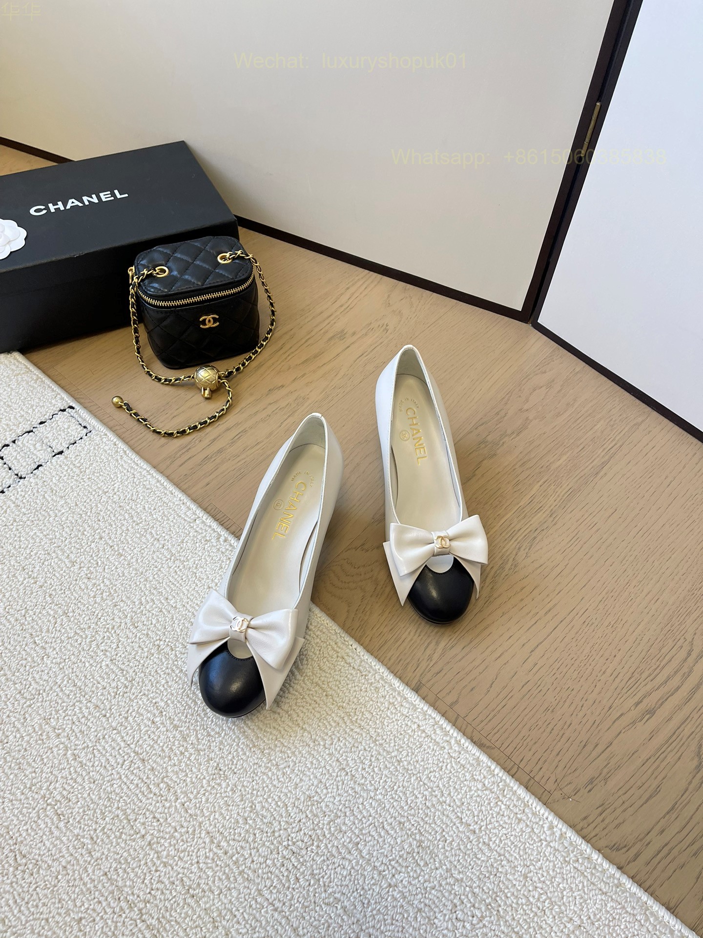 Chanel Bow Two Tone Heels Leather CC Block Heel Pumps Women Shoes