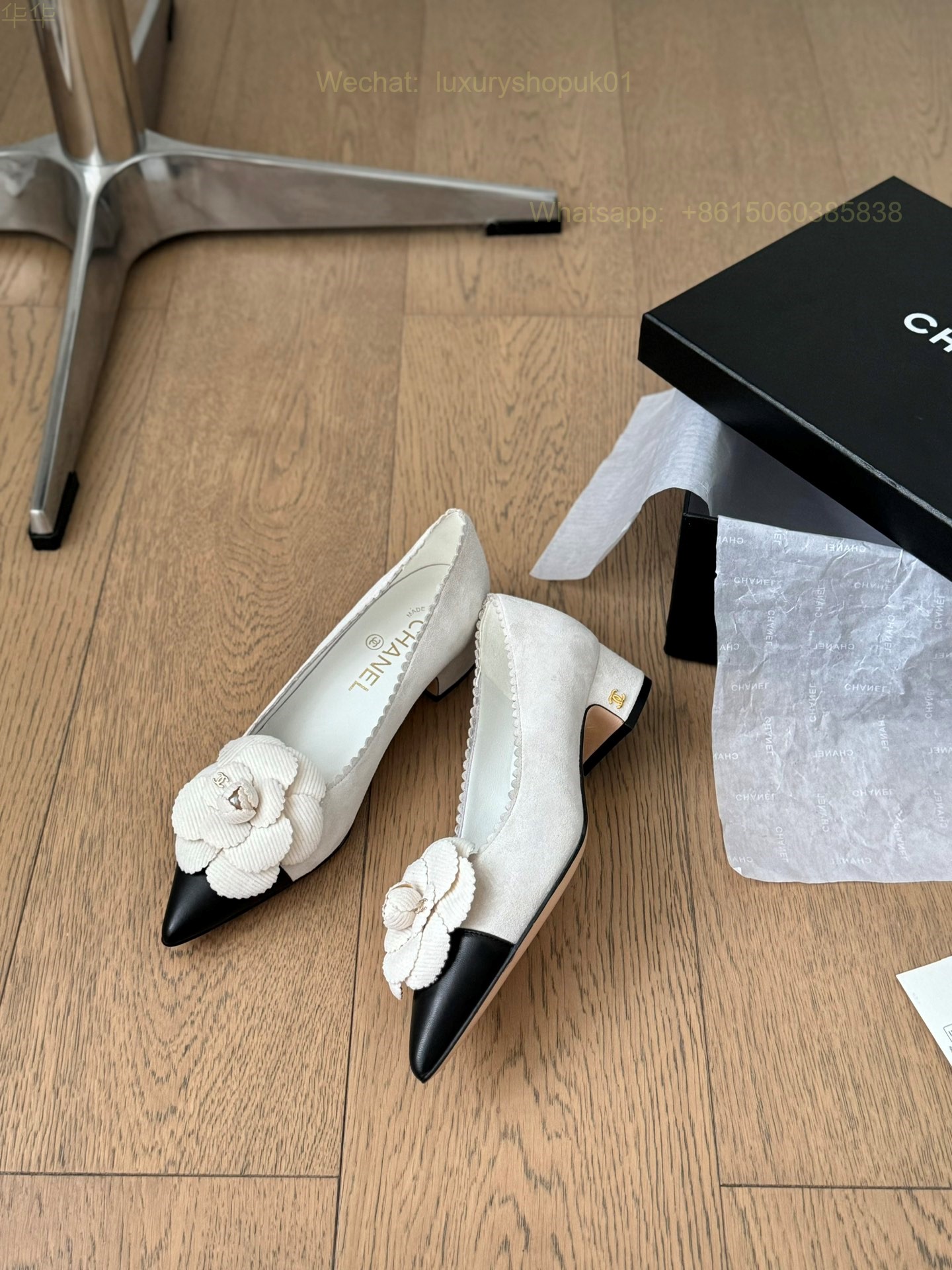 Chanel Leather Camellia Flower Block Heels Pointed toe Women Shoes