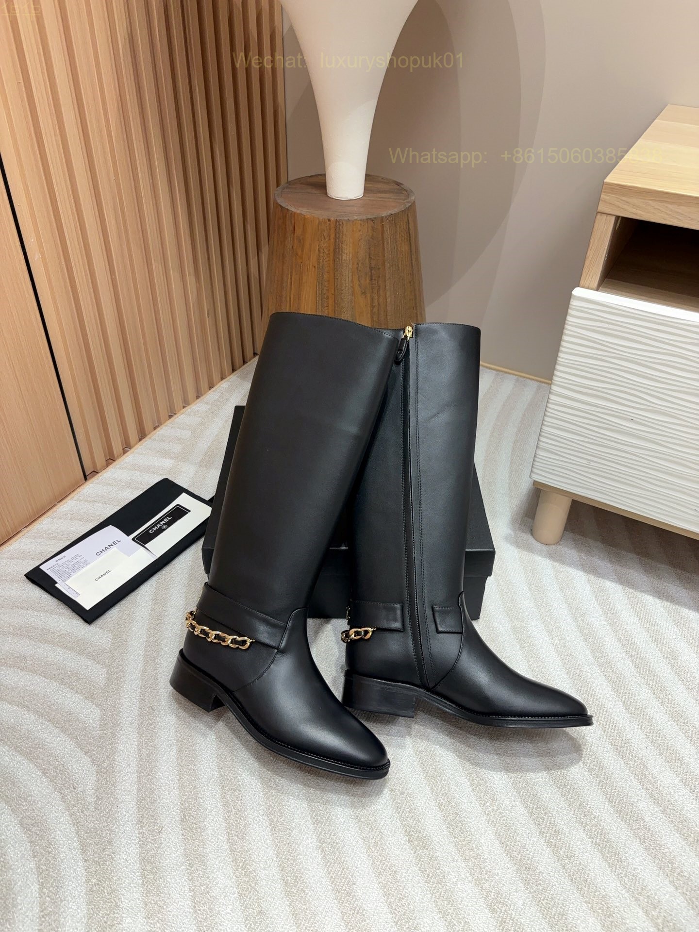 Chanel Chain Leather Flat Knee high Boot CC Logo Women Shoes