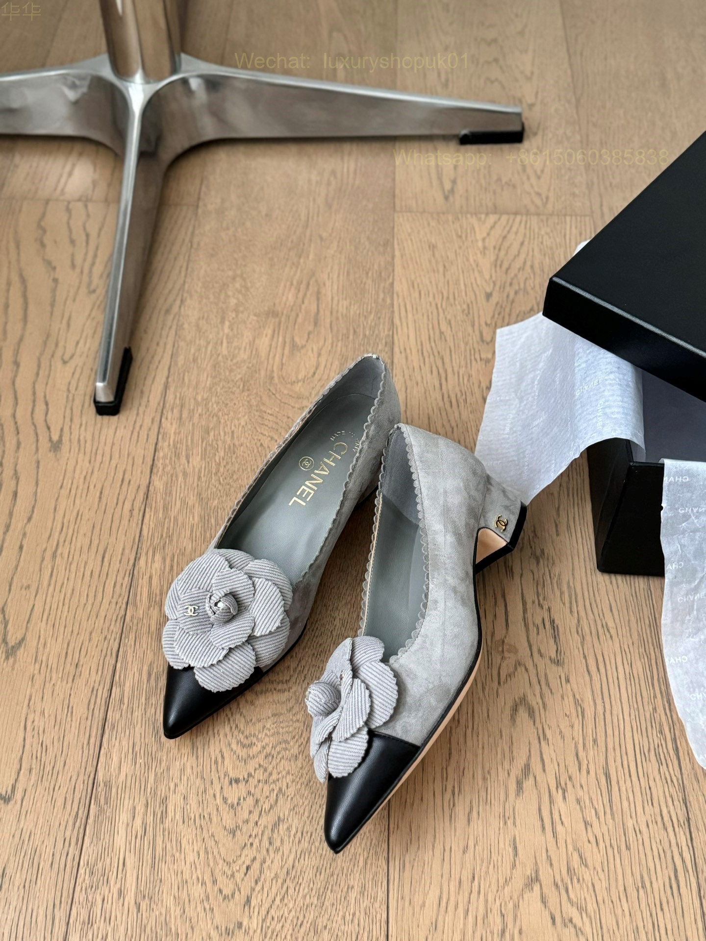 Chanel Leather Camellia Flower Block Heels Pointed toe Women Shoes