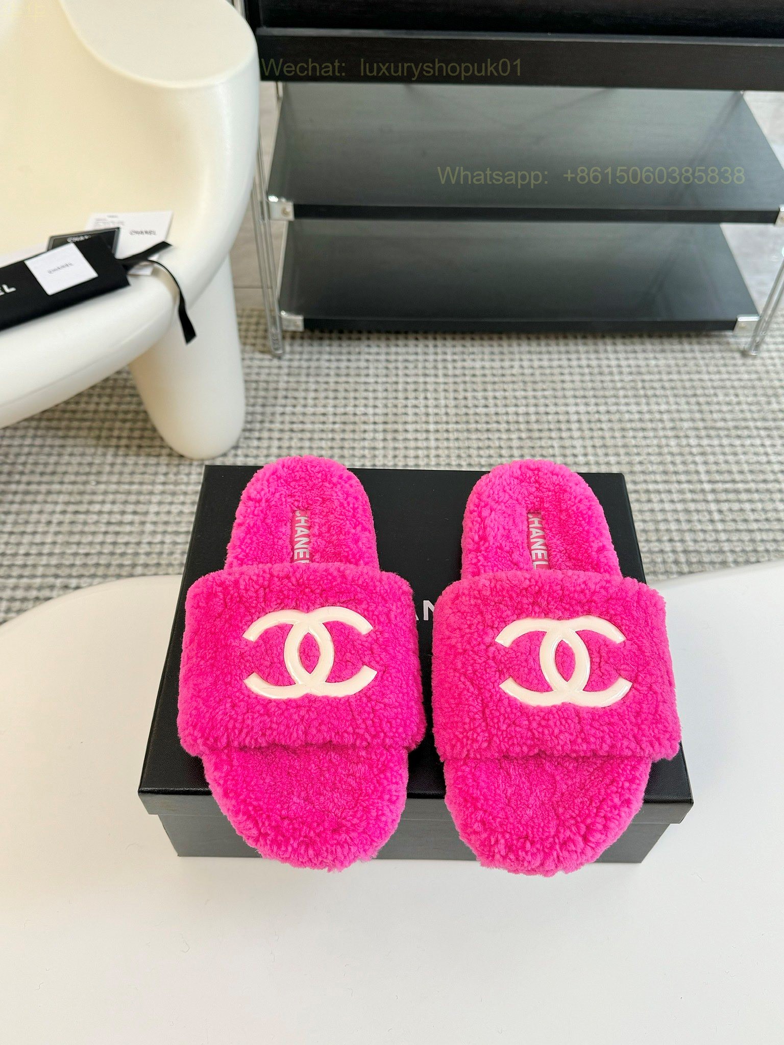 Chanel Women Faux Fur Shearling Slide Sandals Shoes