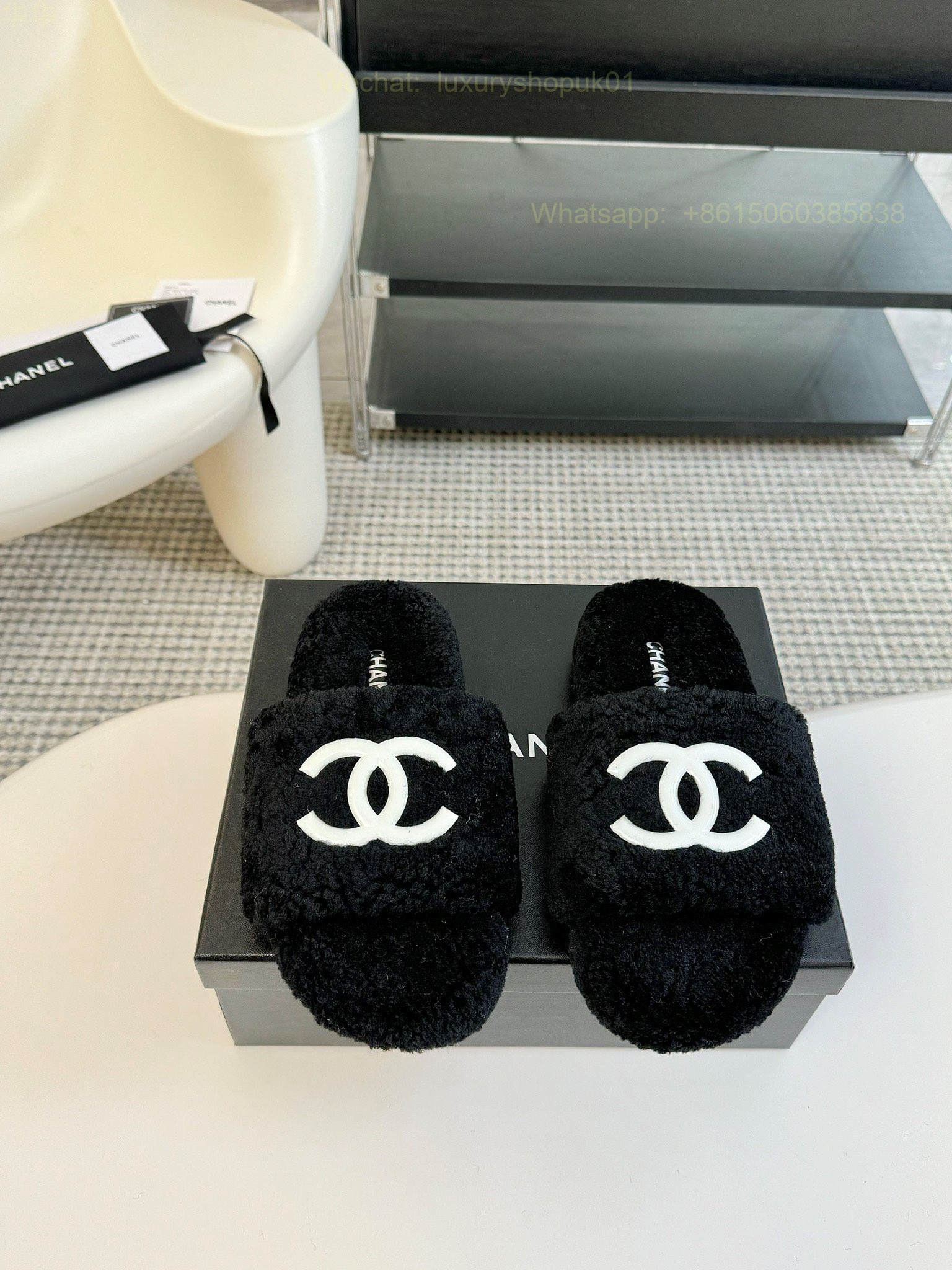 Chanel Women Faux Fur Shearling Slide Sandals Shoes