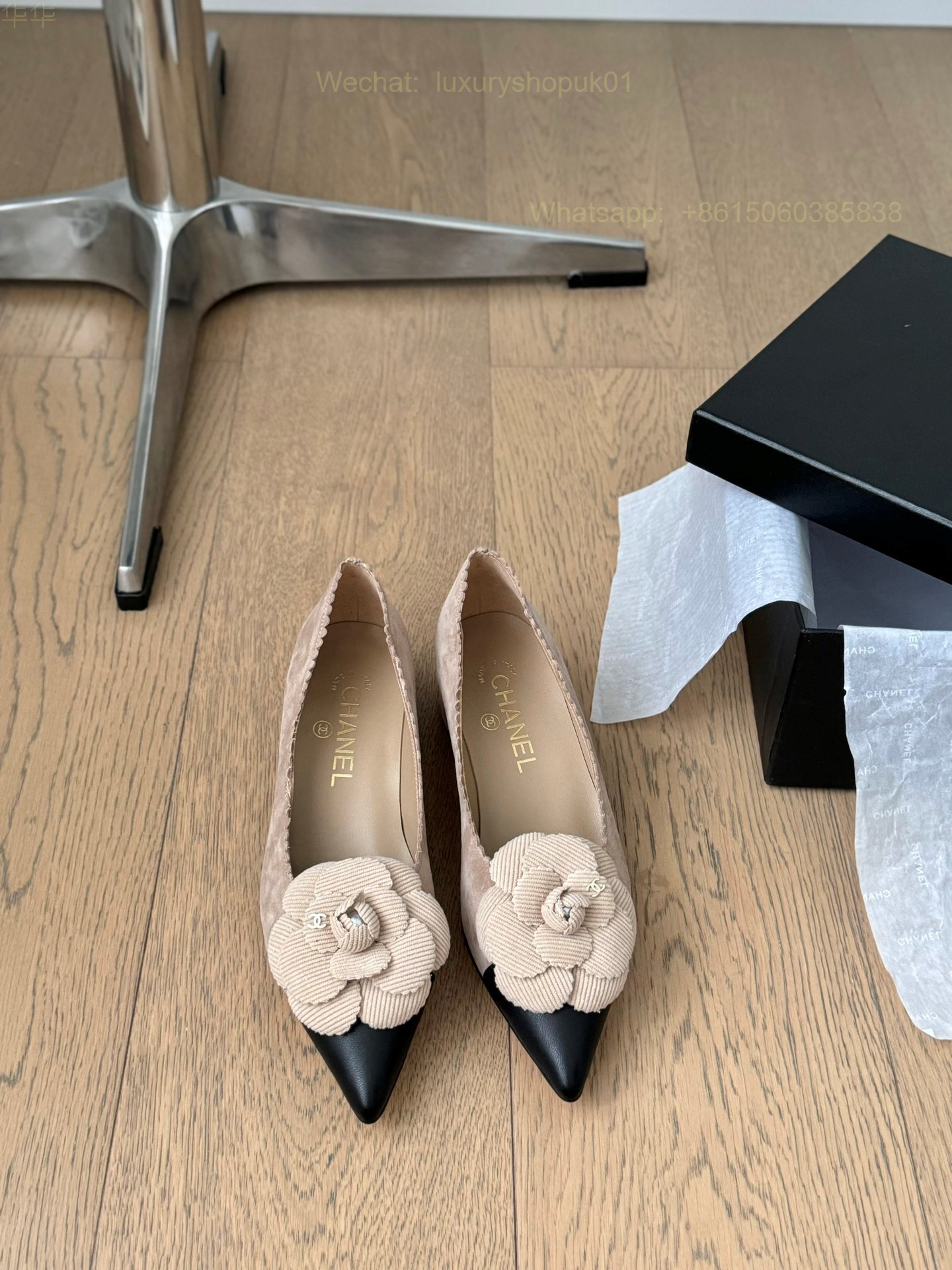 Chanel Leather Camellia Flower Block Heels Pointed toe Women Shoes