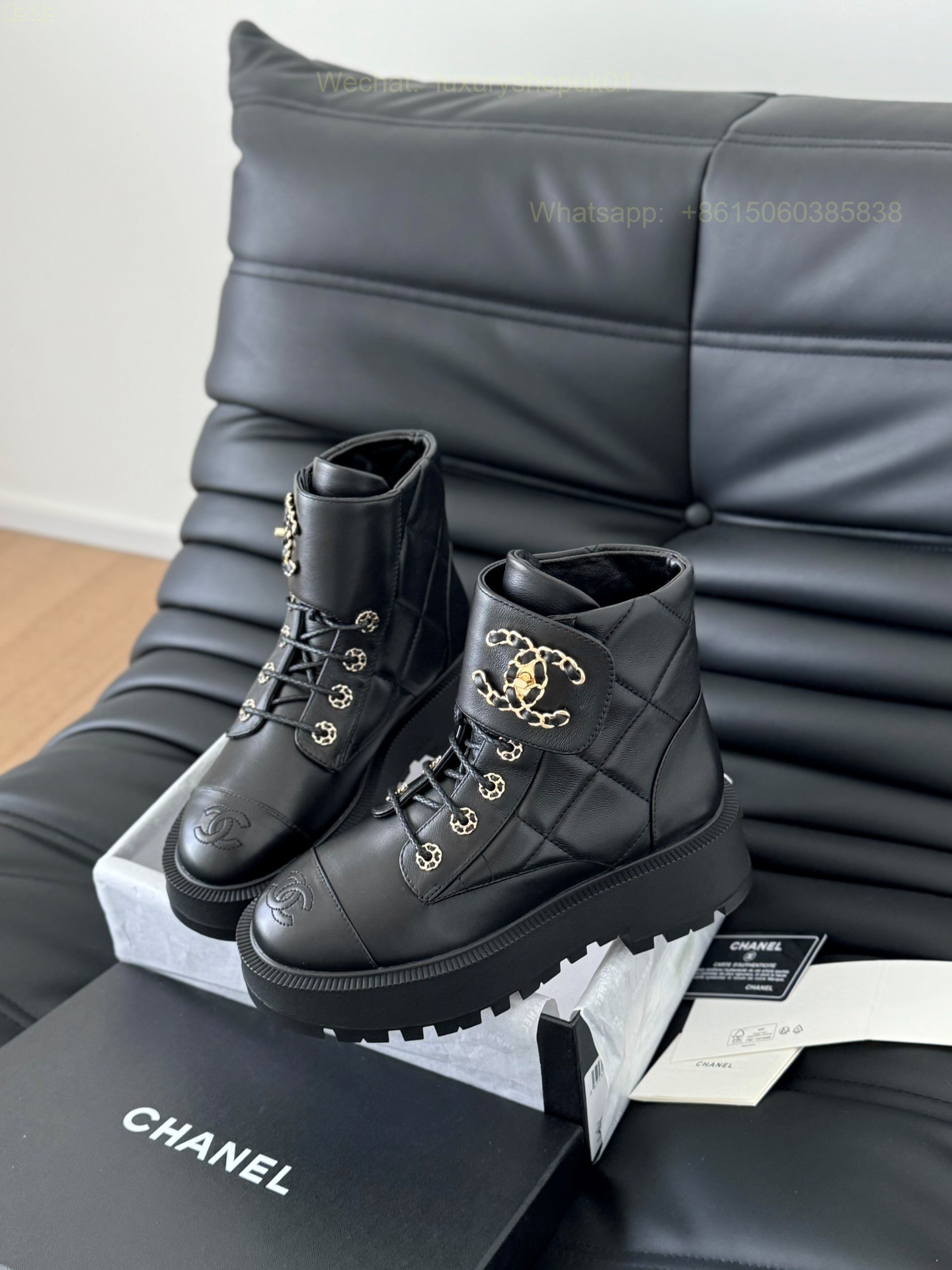 Chanel Quilted Leather CC Cap Toe Chain Link Logo Combat Boots Women Shoes