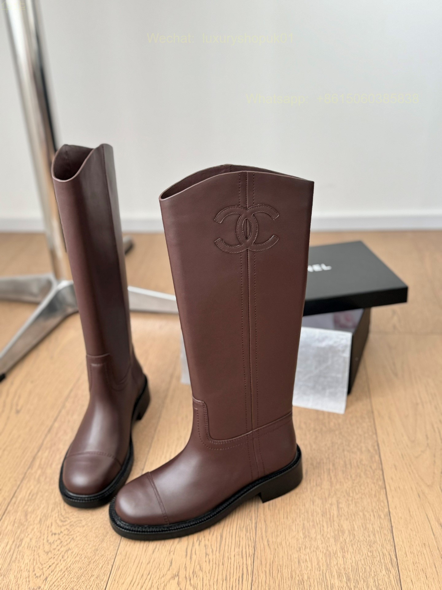 Chanel red Leather Flat Knee high Boot CC Logo Women Shoes