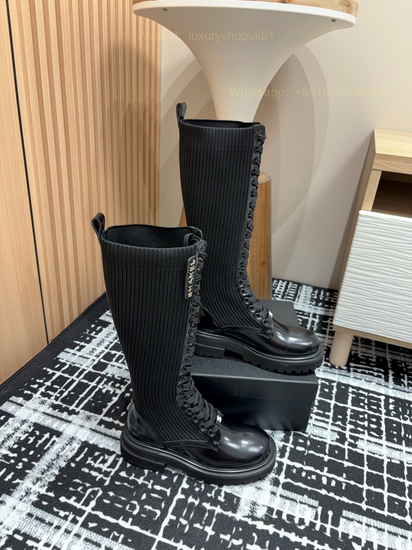 Chanel Combat Knit knee high Boots Women Shoes