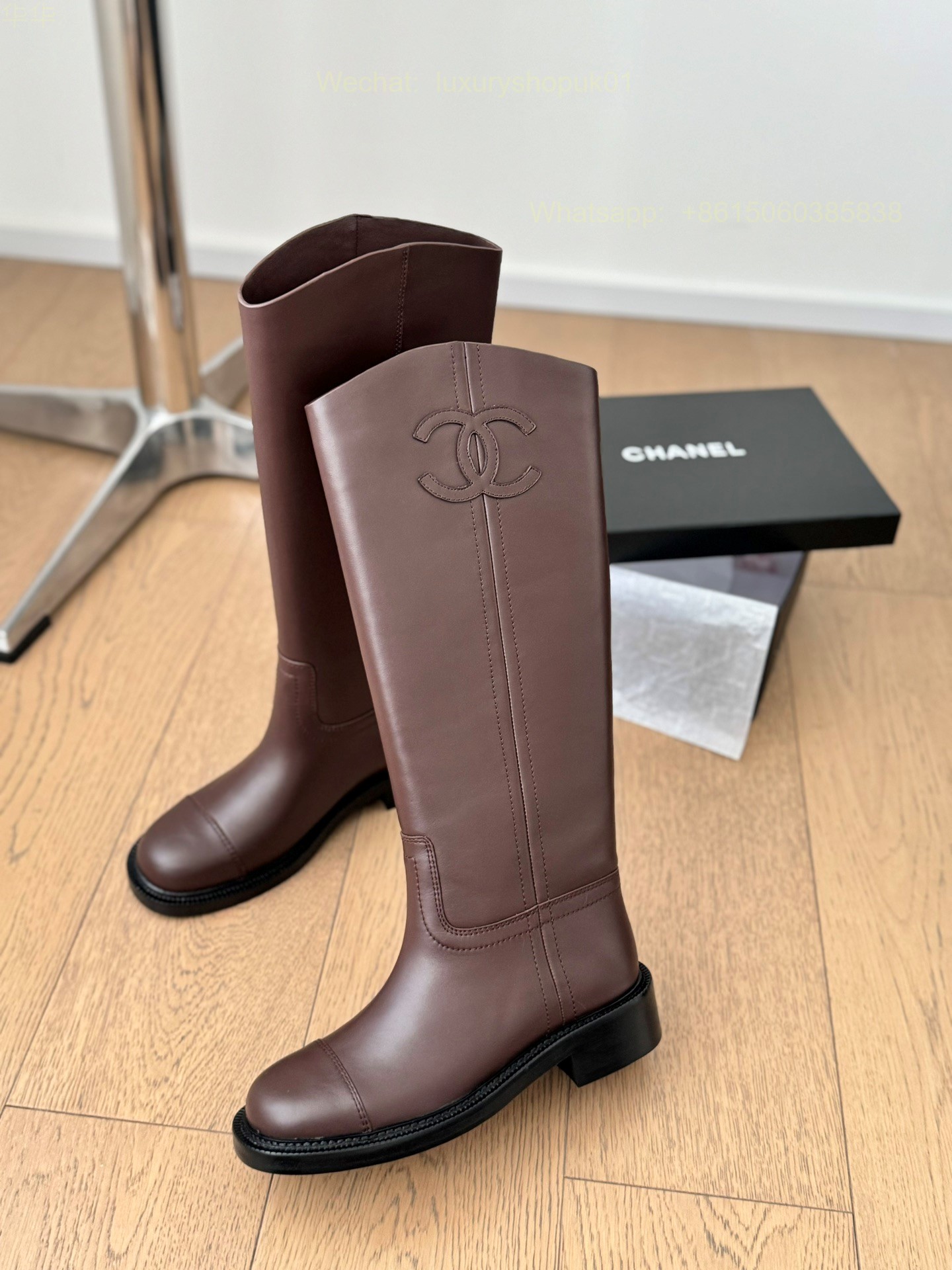 Chanel red Leather Flat Knee high Boot CC Logo Women Shoes
