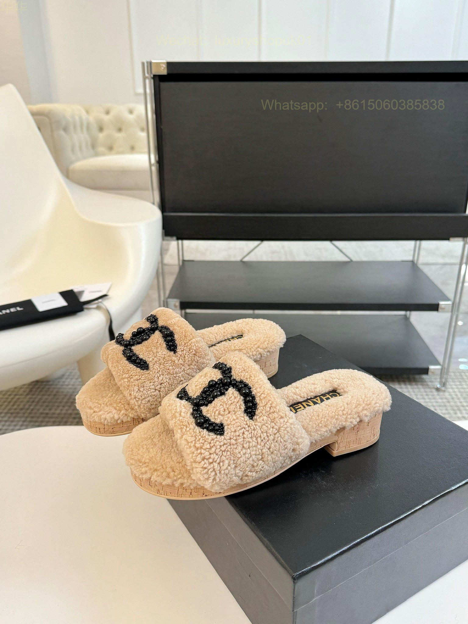 Chanel Women Faux Fur Shearling Slide Sandals Shoes