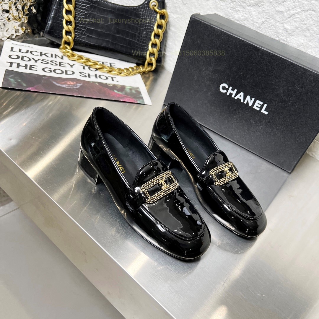 Women Chanel Leather Chain Loafers CC Logo Flats Shoes