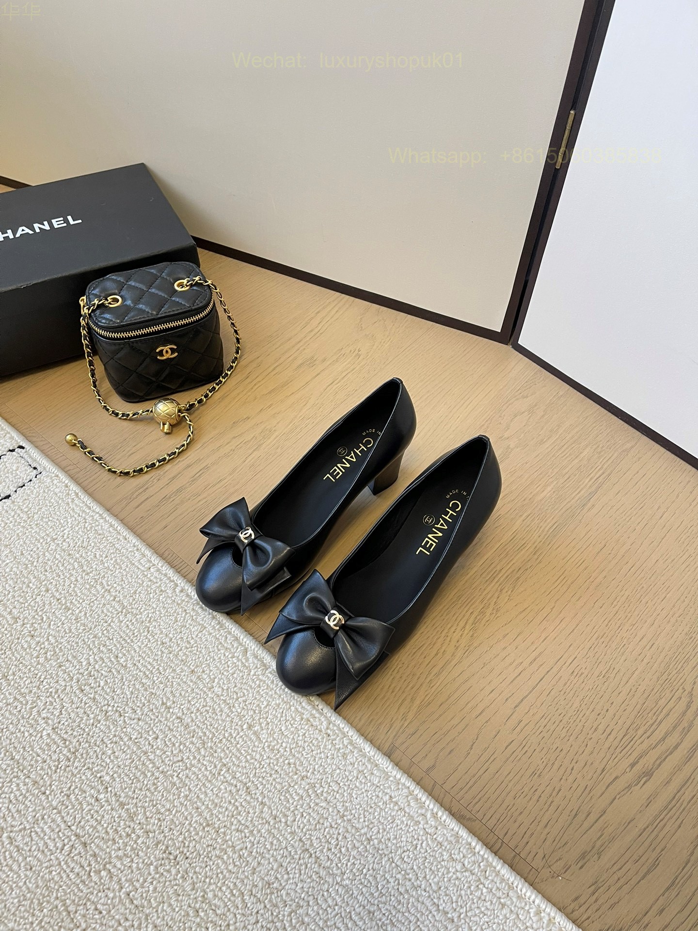 Chanel Bow Heels Leather CC Block Heel Pumps Women Shoes