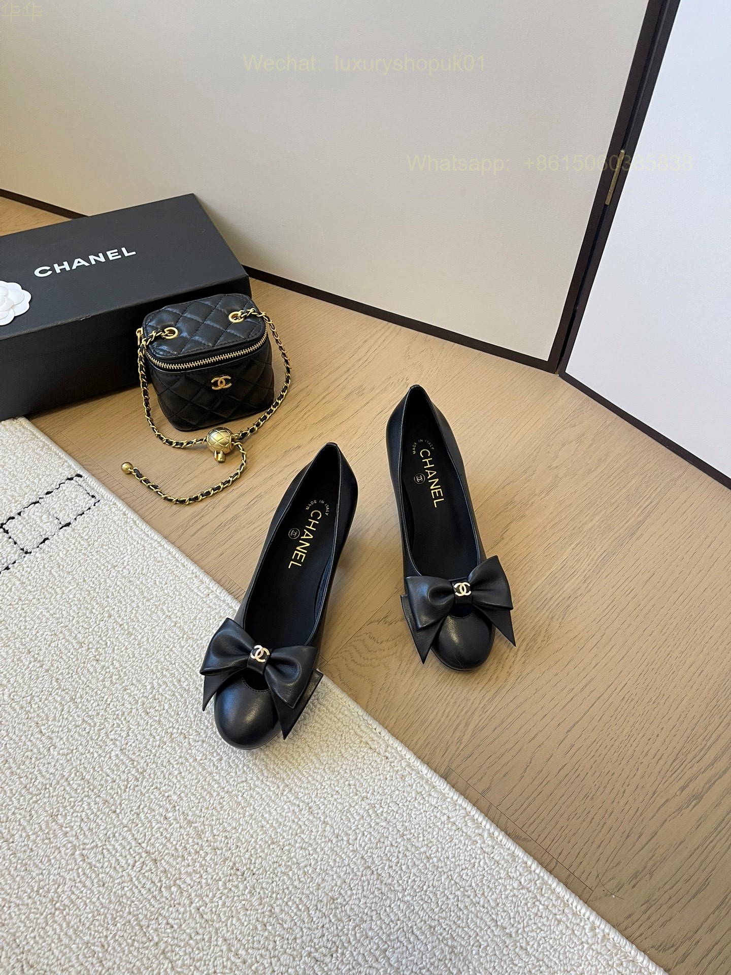 Chanel Bow Heels Leather CC Block Heel Pumps Women Shoes