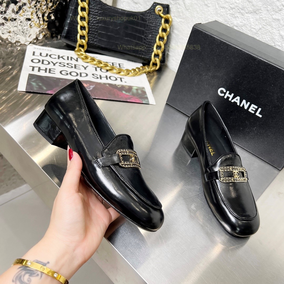 Women Chanel Leather Chain Loafers CC Logo Flats Shoes