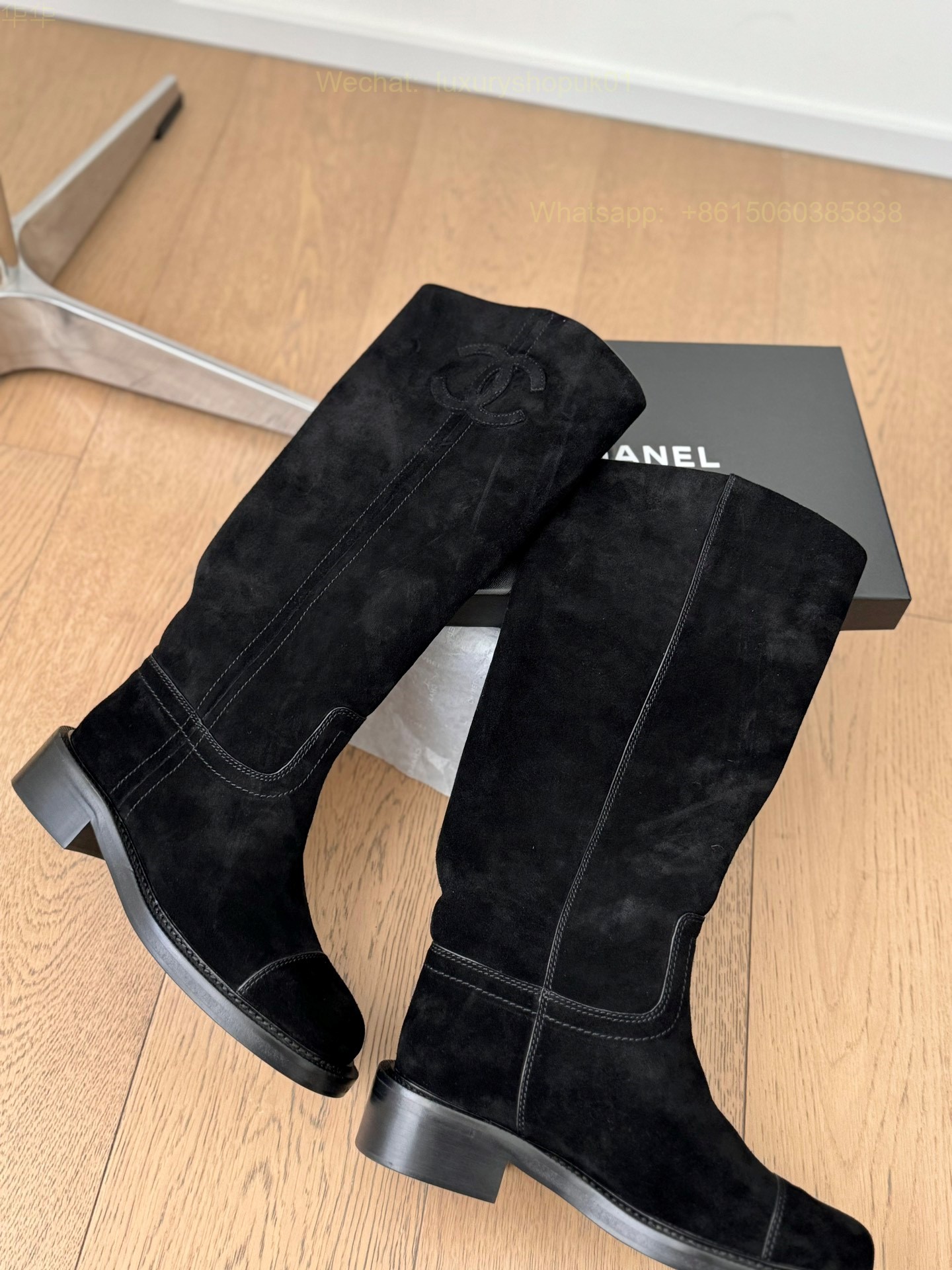 Chanel suede Leather Flat Knee high Boot CC Logo Women Shoes