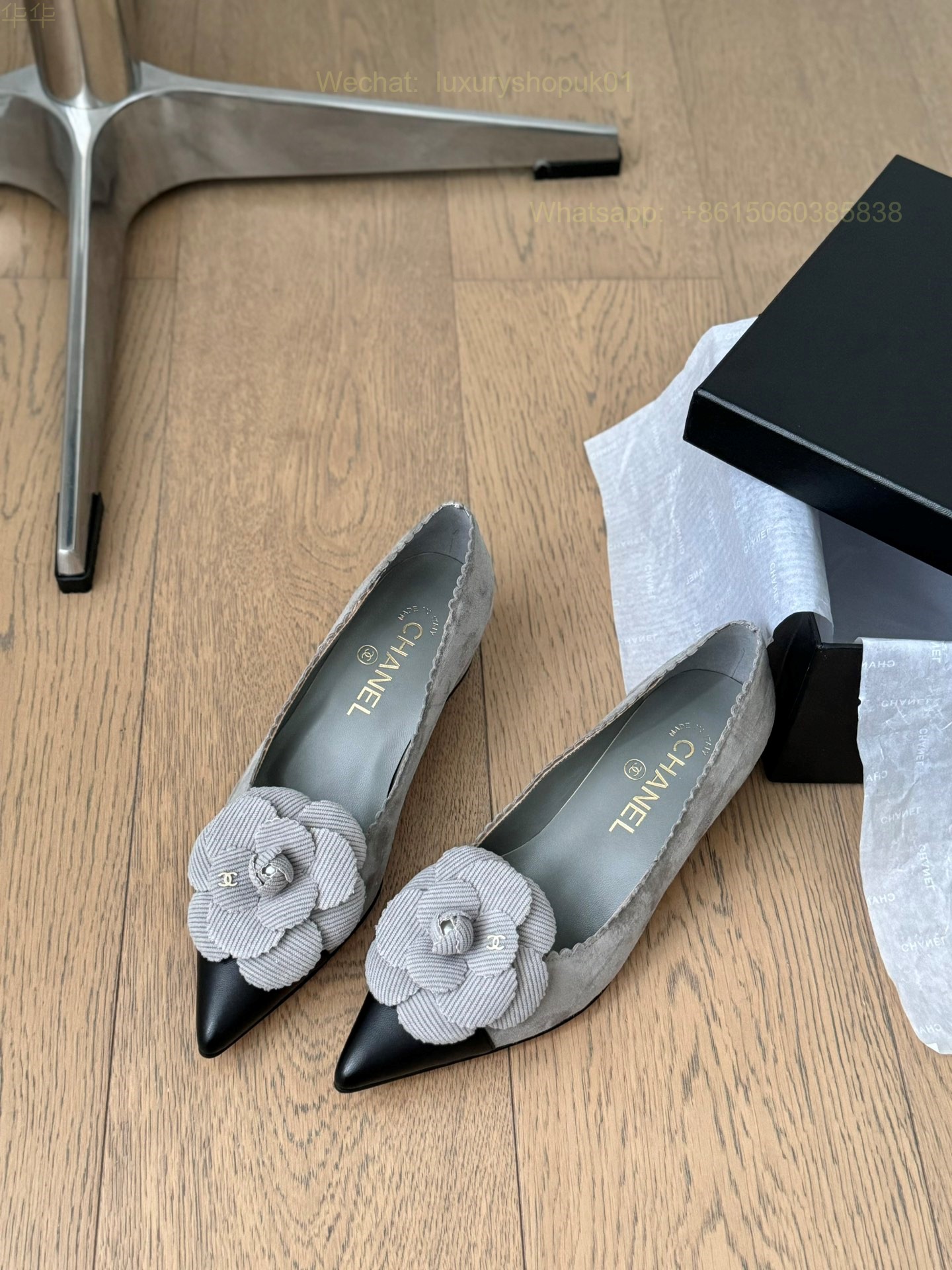 Chanel Leather Camellia Flower Block Heels Pointed toe Women Shoes