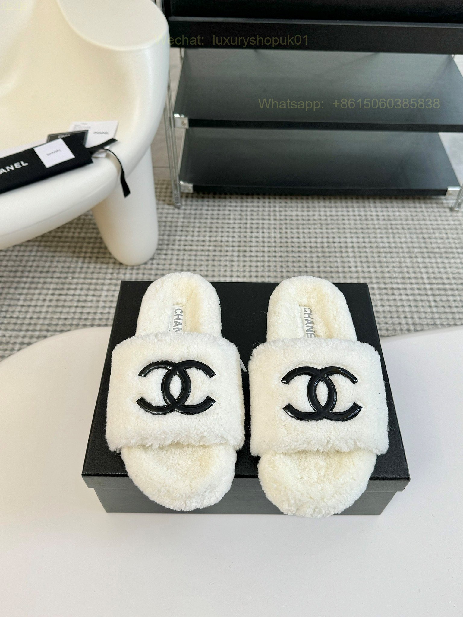 Chanel Women Faux Fur Shearling Slide Sandals Shoes