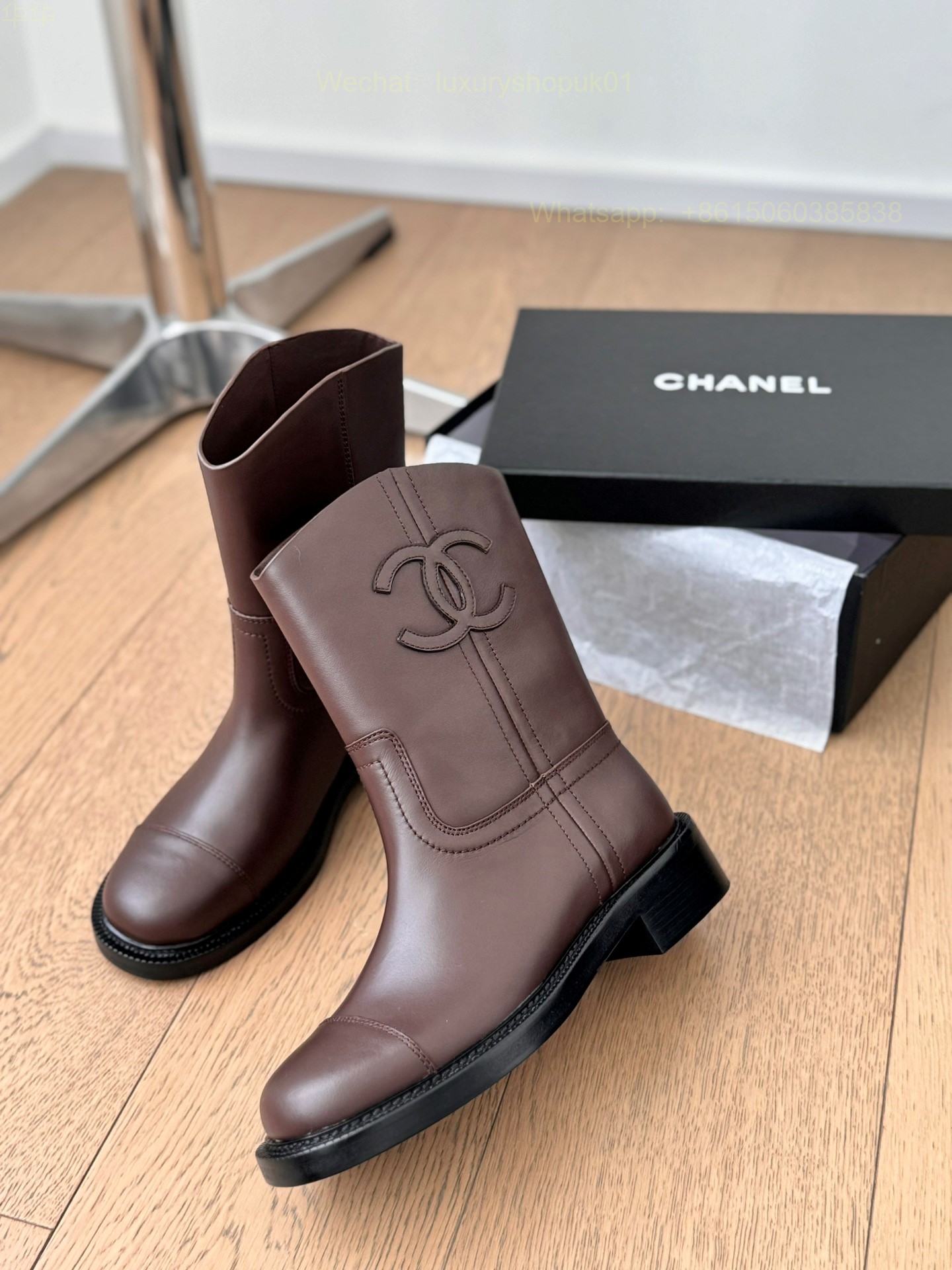 Chanel red Leather Flat Boot CC Logo Women Shoes