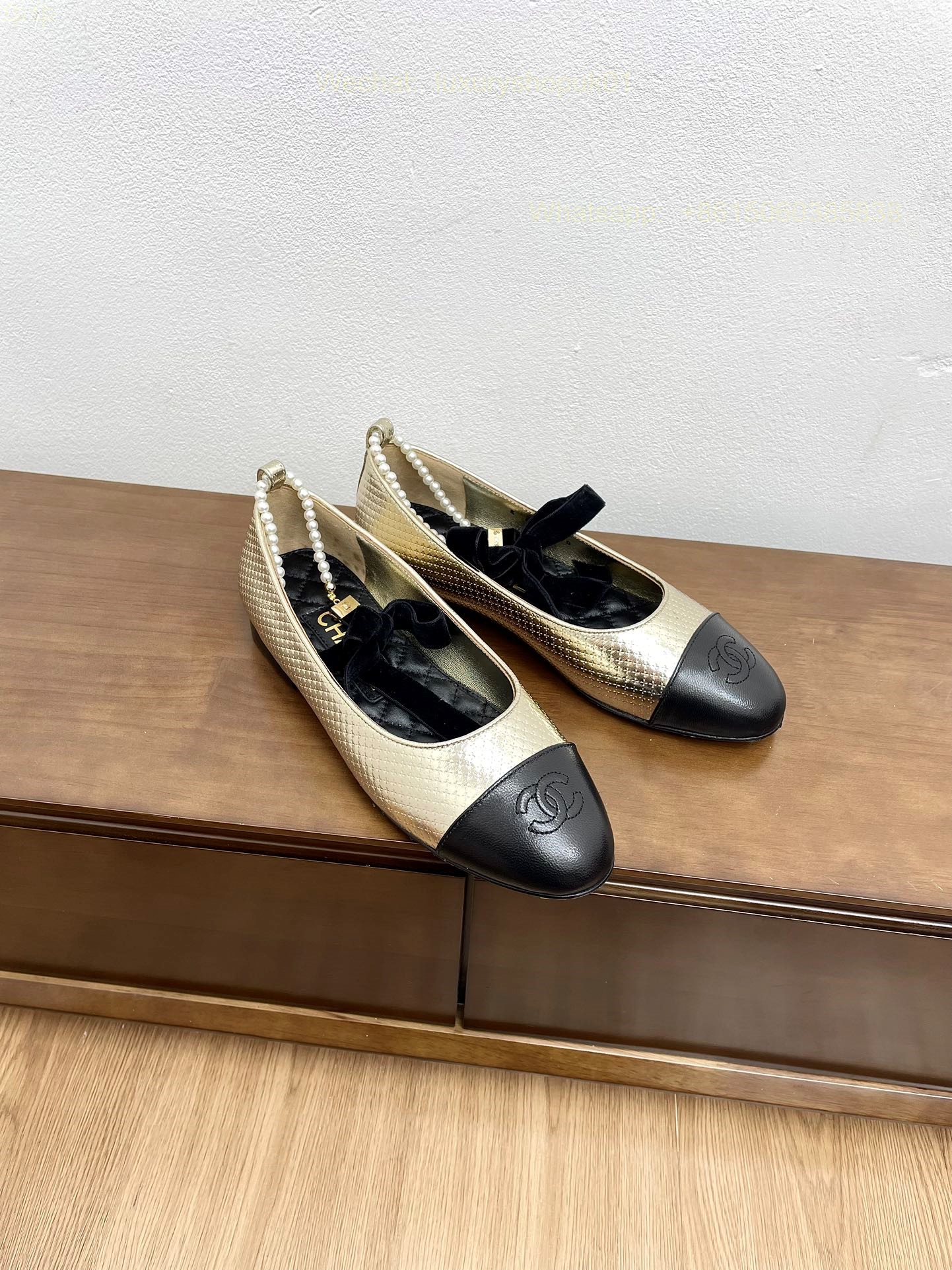 Chanel Ballet Flats Bow Pearl Ankle strap CC Logo Women Shoes