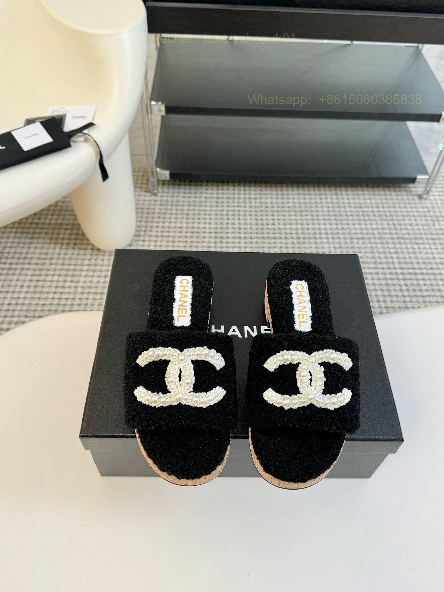 Chanel Women Faux Fur Shearling Slide Sandals Shoes