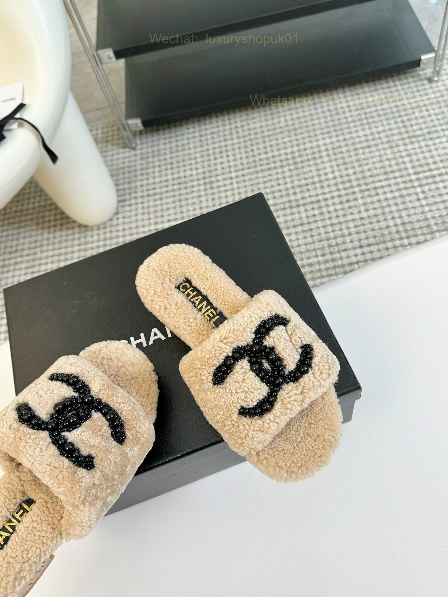 Chanel Women Faux Fur Shearling Slide Sandals Shoes