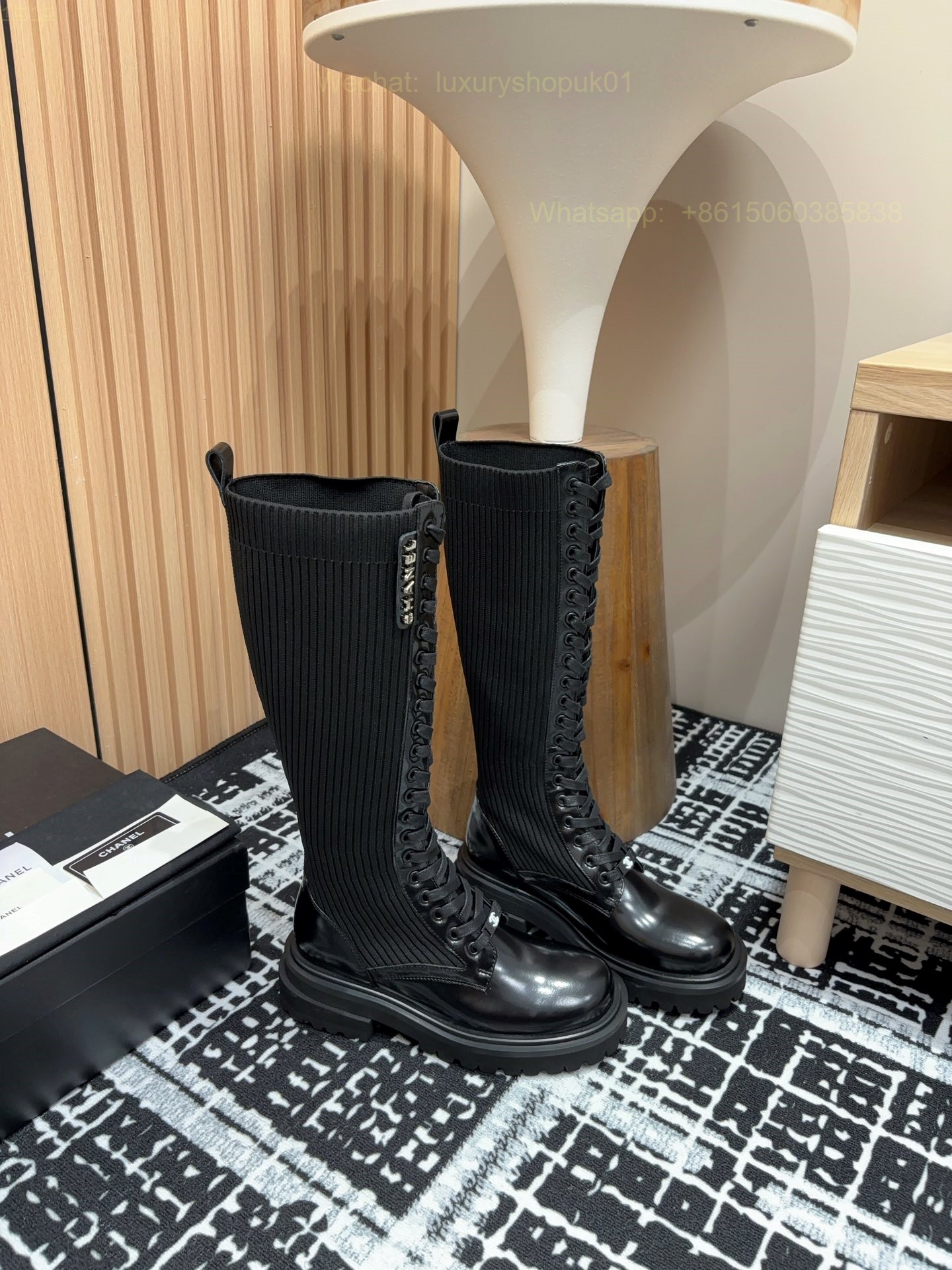 Chanel Combat Knit knee high Boots Women Shoes