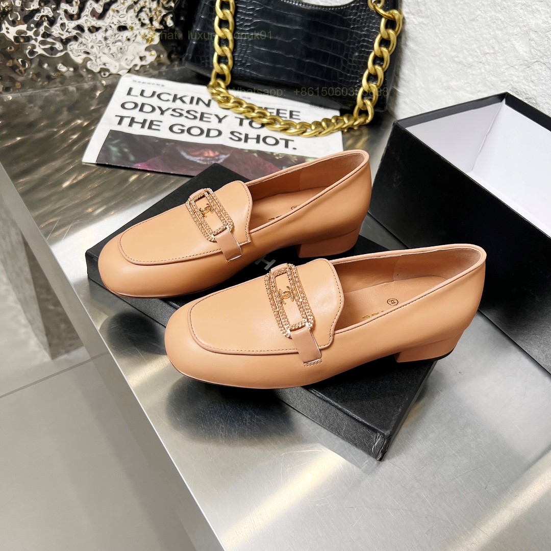 Women Chanel Leather Chain Loafers CC Logo Flats Shoes