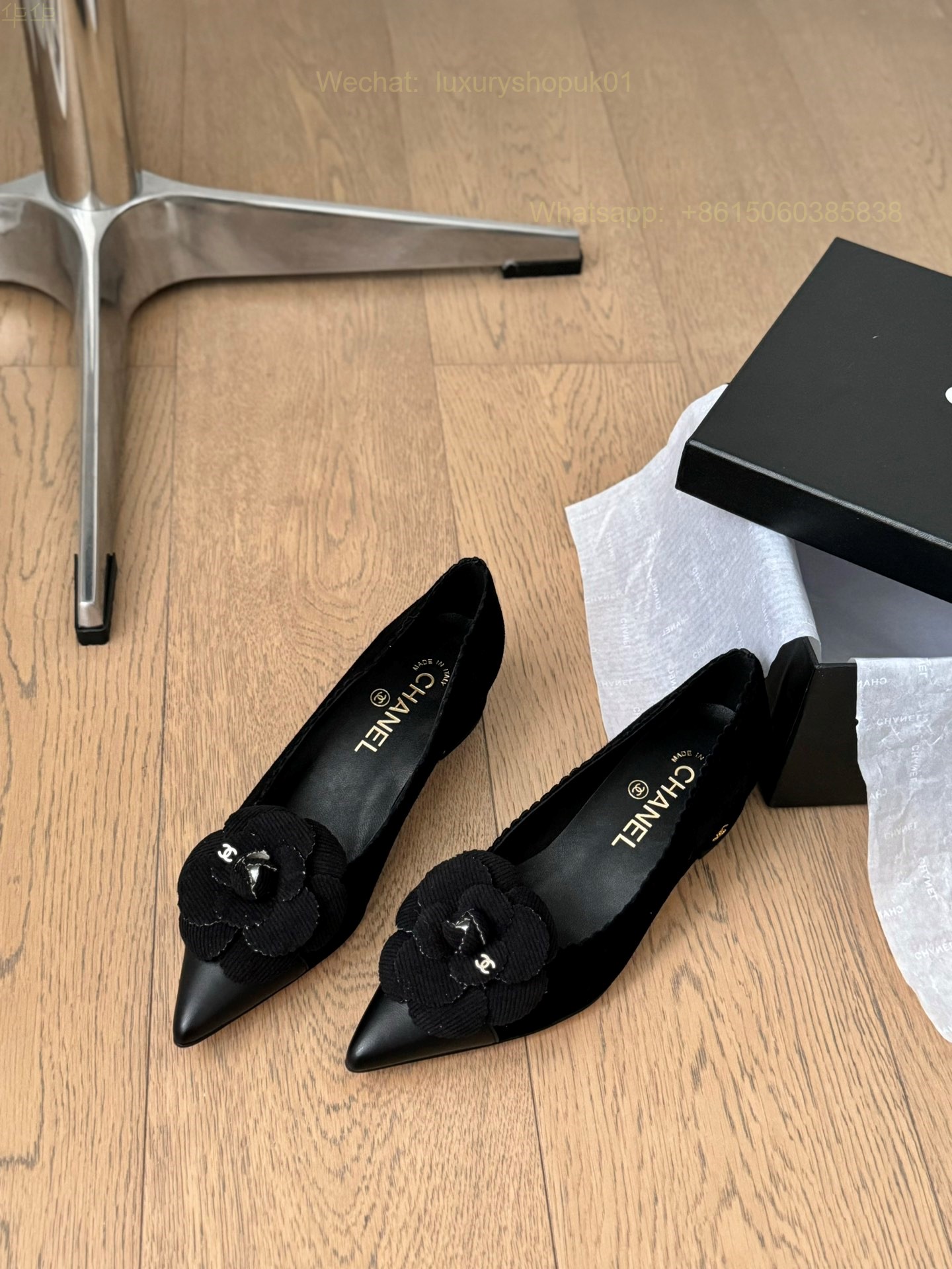 Chanel Leather Camellia Flower Block Heels Pointed toe Women Shoes