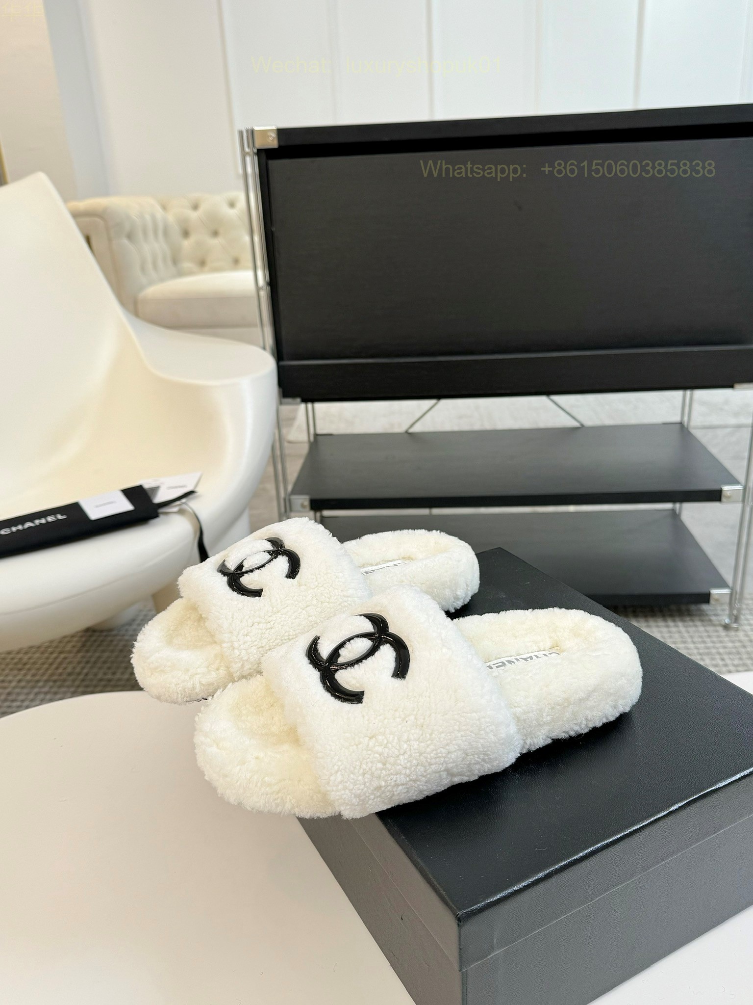 Chanel Women Faux Fur Shearling Slide Sandals Shoes