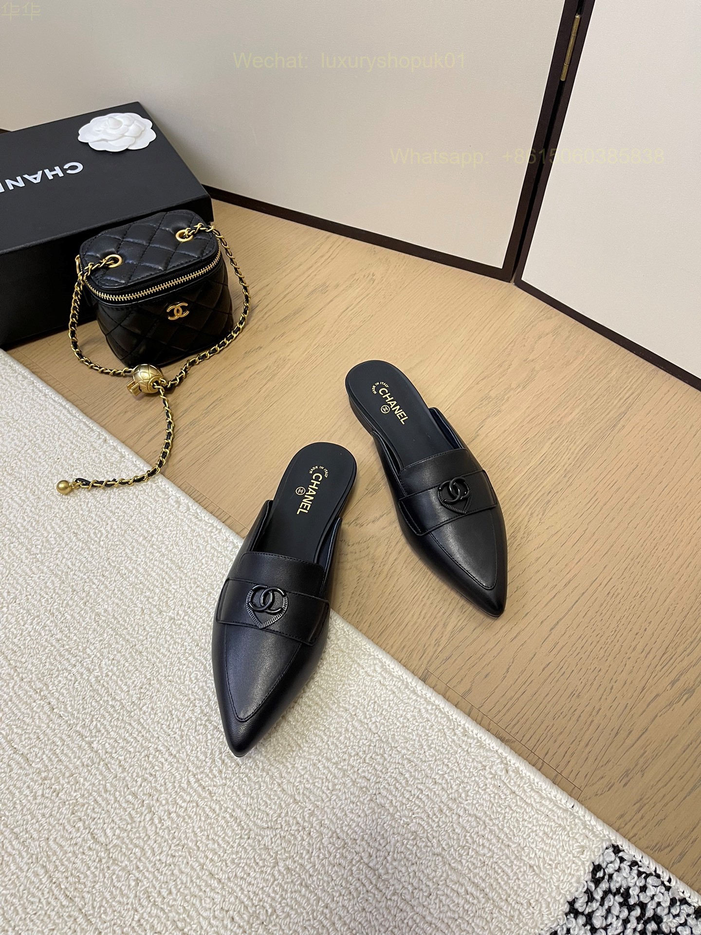 Chanel Leather Slipper Pointed Toe flat CC Logo Women Shoes