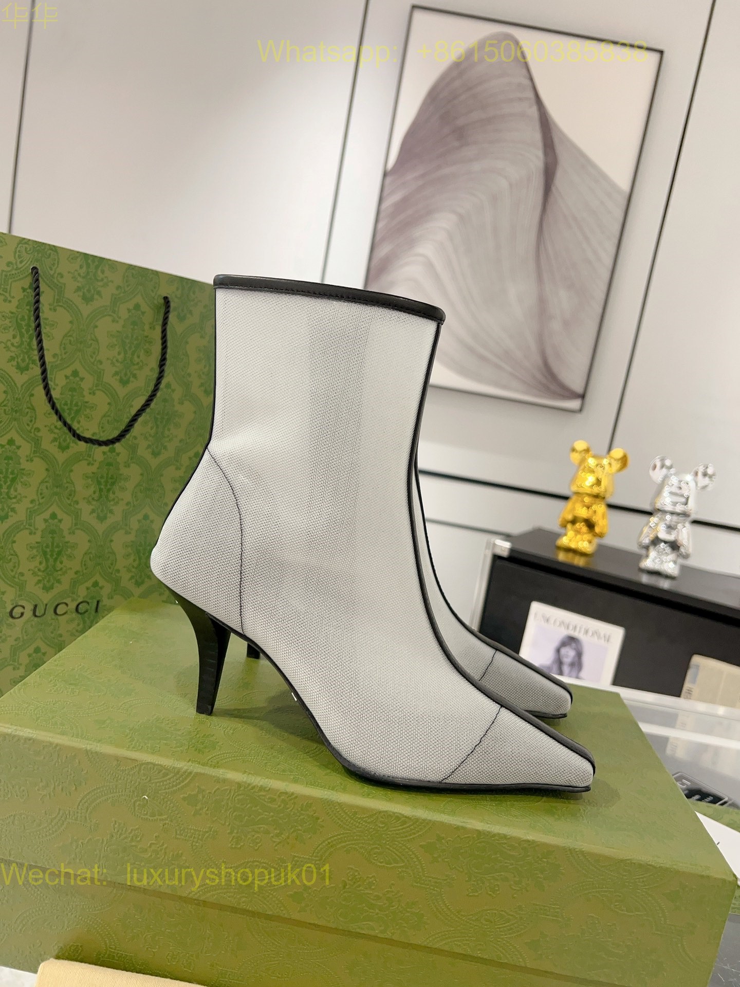 Gucci Mid Heel Ankle Boot Horsebit Mesh Leather Women Shoes