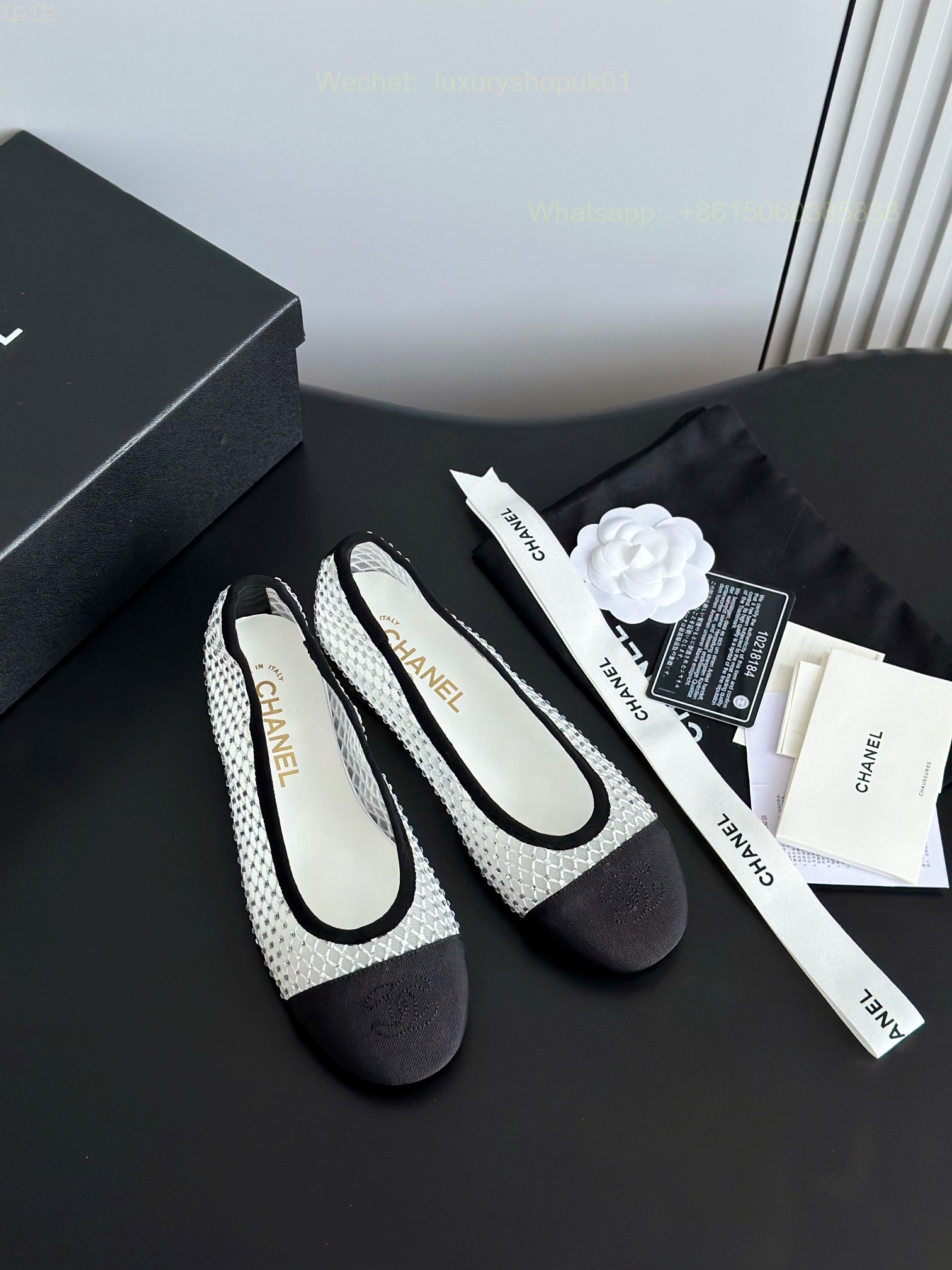 Chanel Mesh Lace Ballet flats Leather CC Logo Women Shoes