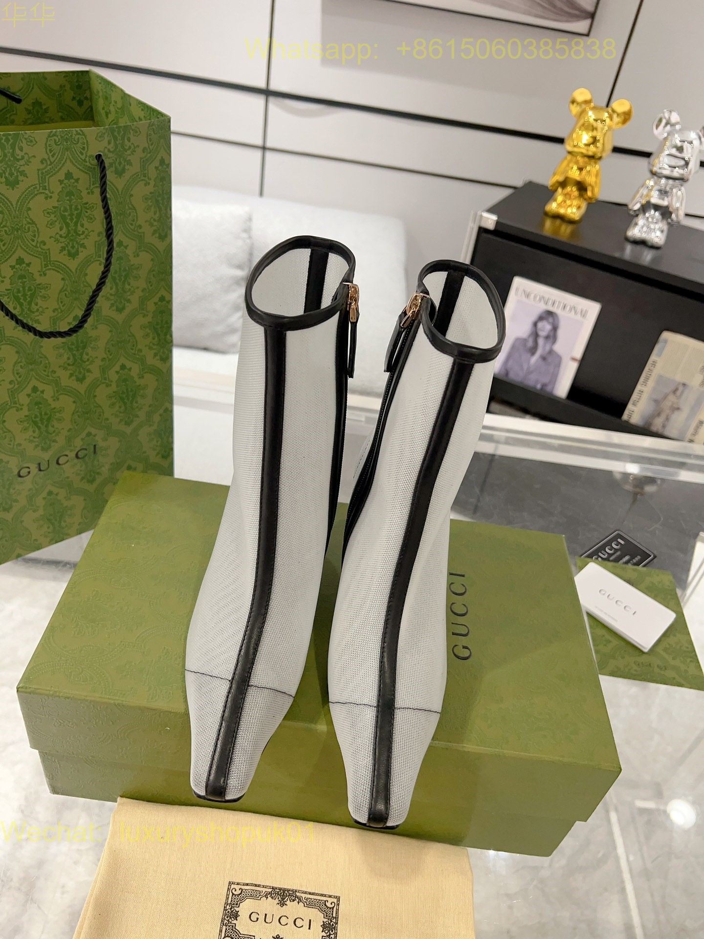 Gucci Mid Heel Ankle Boot Horsebit Mesh Leather Women Shoes