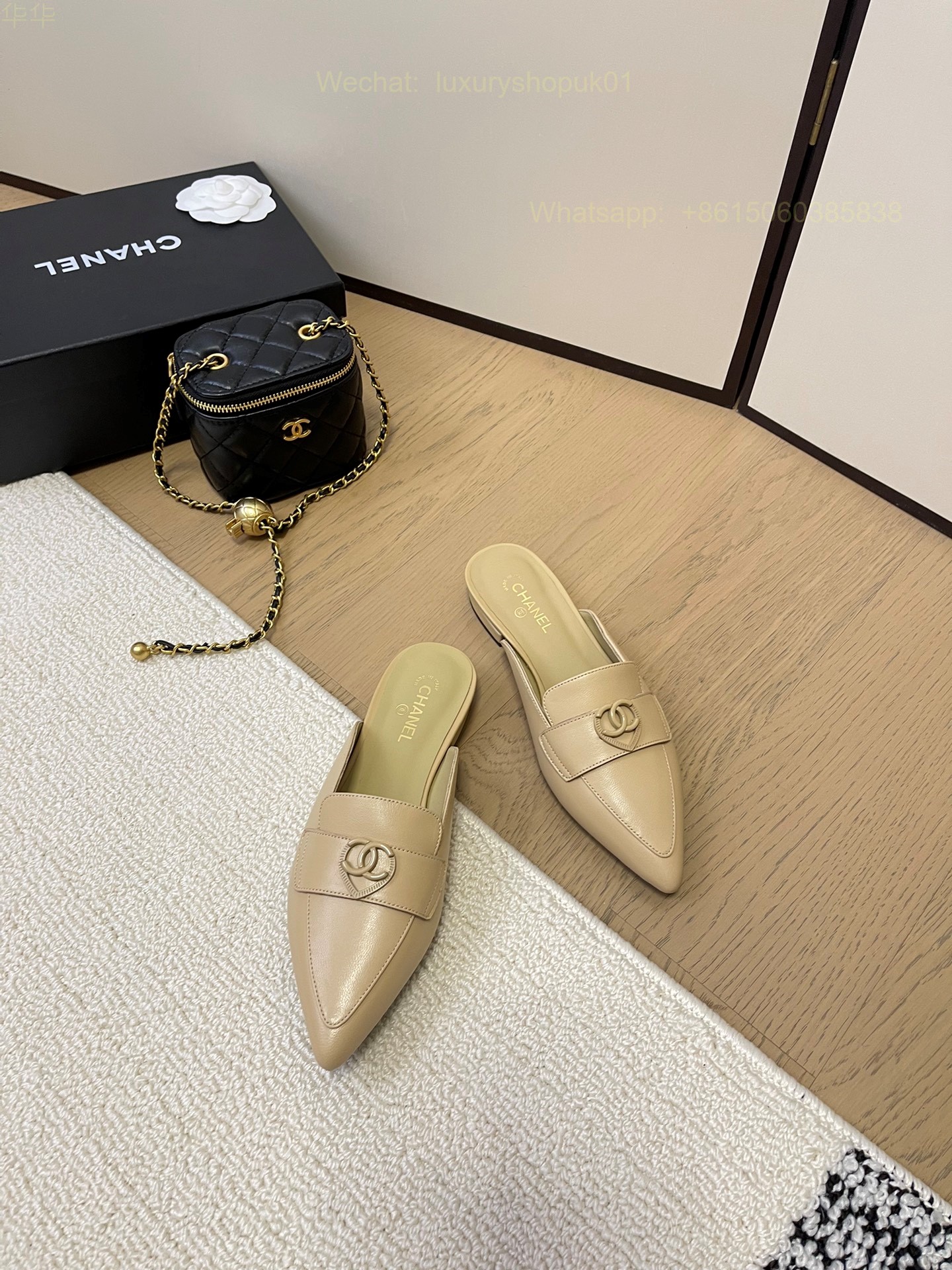 Chanel Leather Slipper Pointed Toe flat CC Logo Women Shoes
