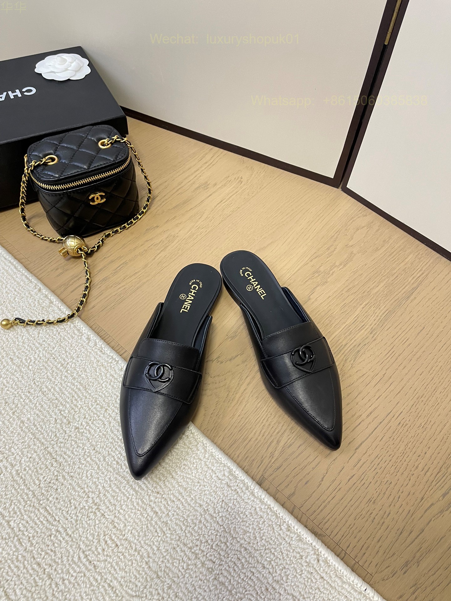 Chanel Leather Slipper Pointed Toe flat CC Logo Women Shoes