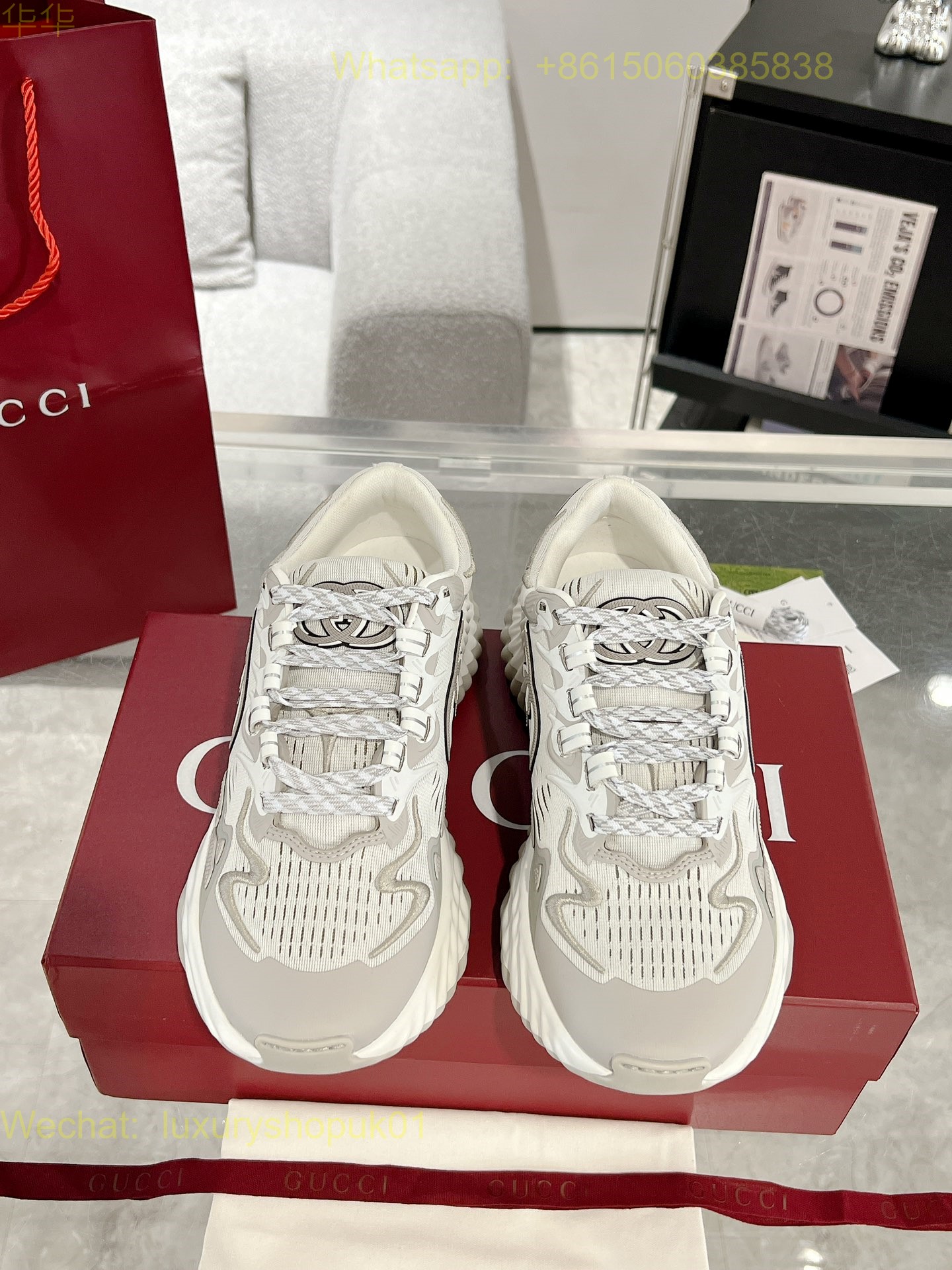 Gucci Ripple Mesh Leather Low-top Sneakers Grey Mens Women Shoes