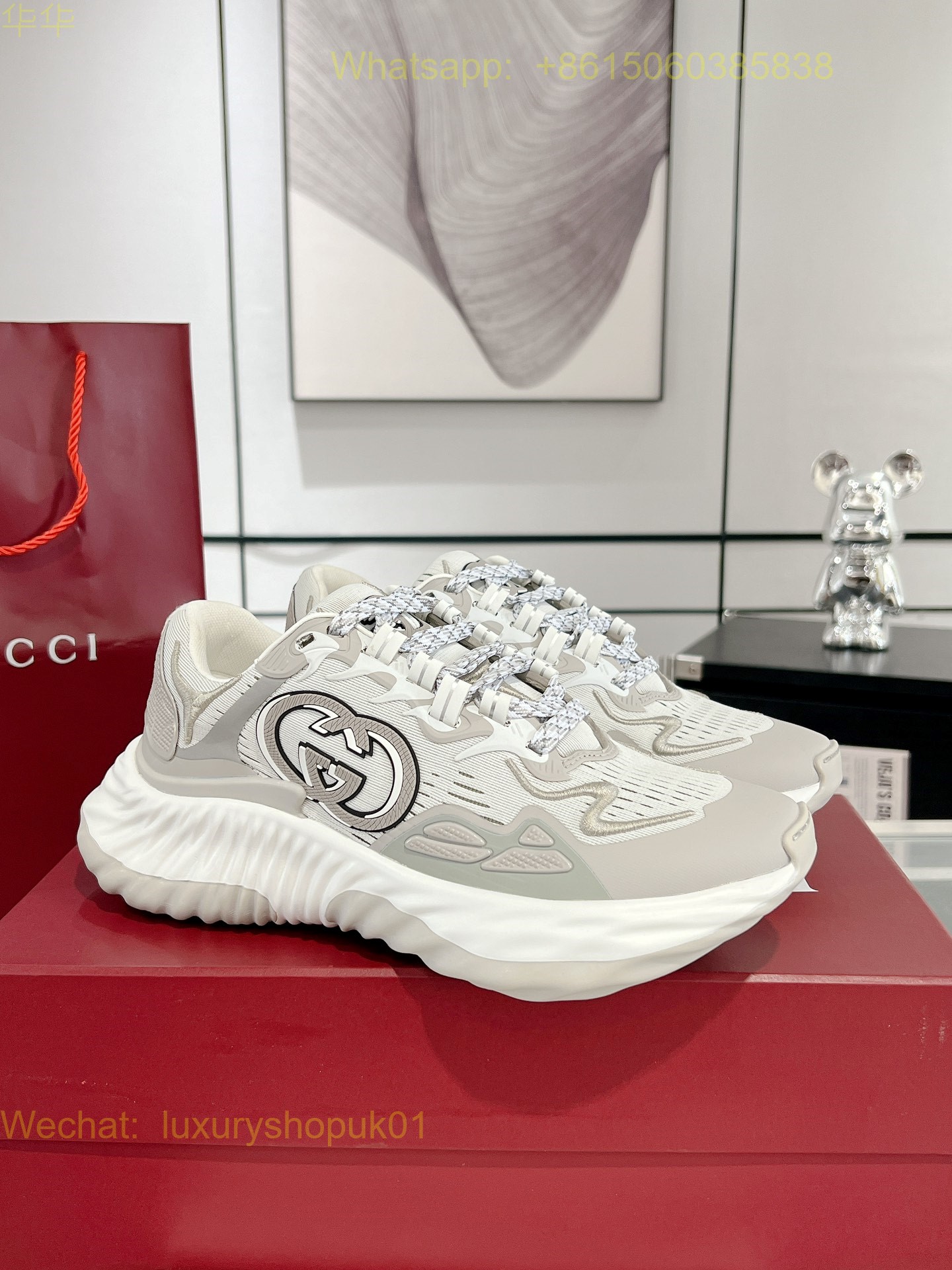 Gucci Ripple Mesh Leather Low-top Sneakers Grey Mens Women Shoes