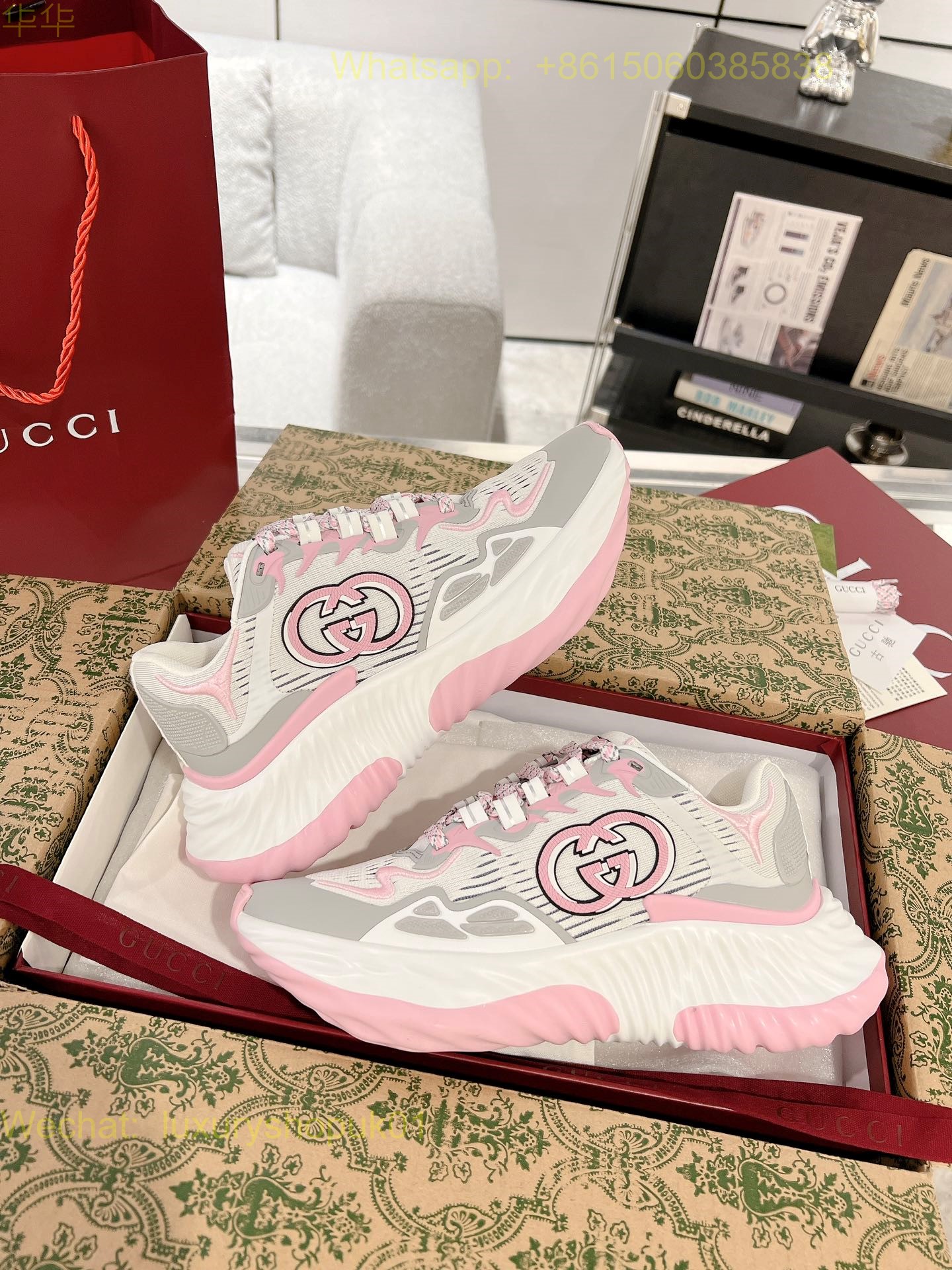 Gucci Ripple sneaker pale pink leather Mens Women Shoes