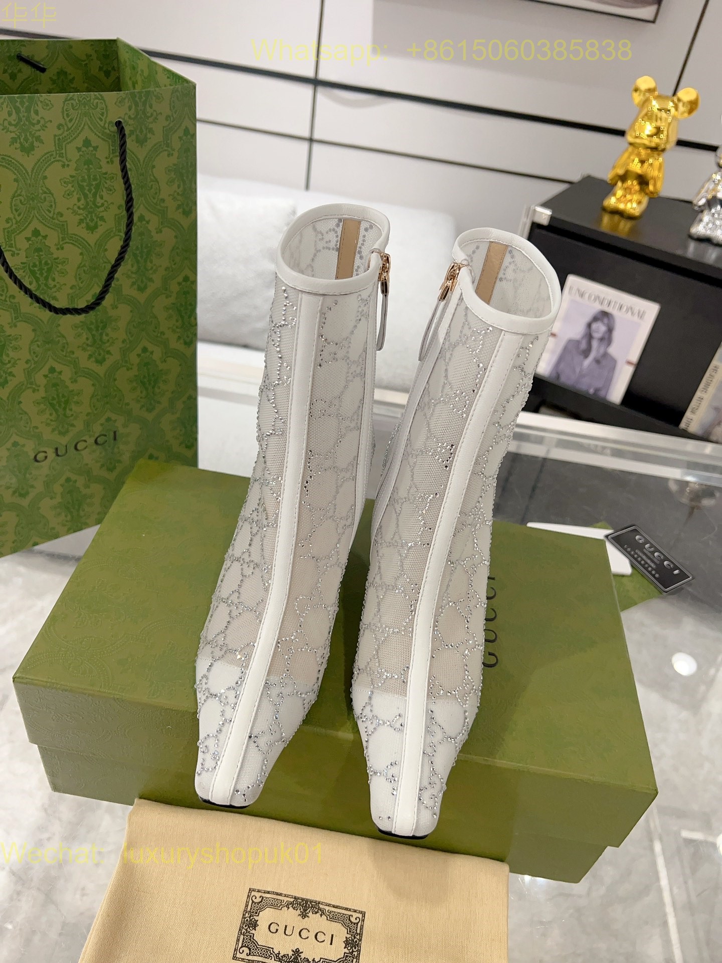 Gucci Mid Heel Ankle Boot Horsebit Mesh Leather Women Shoes